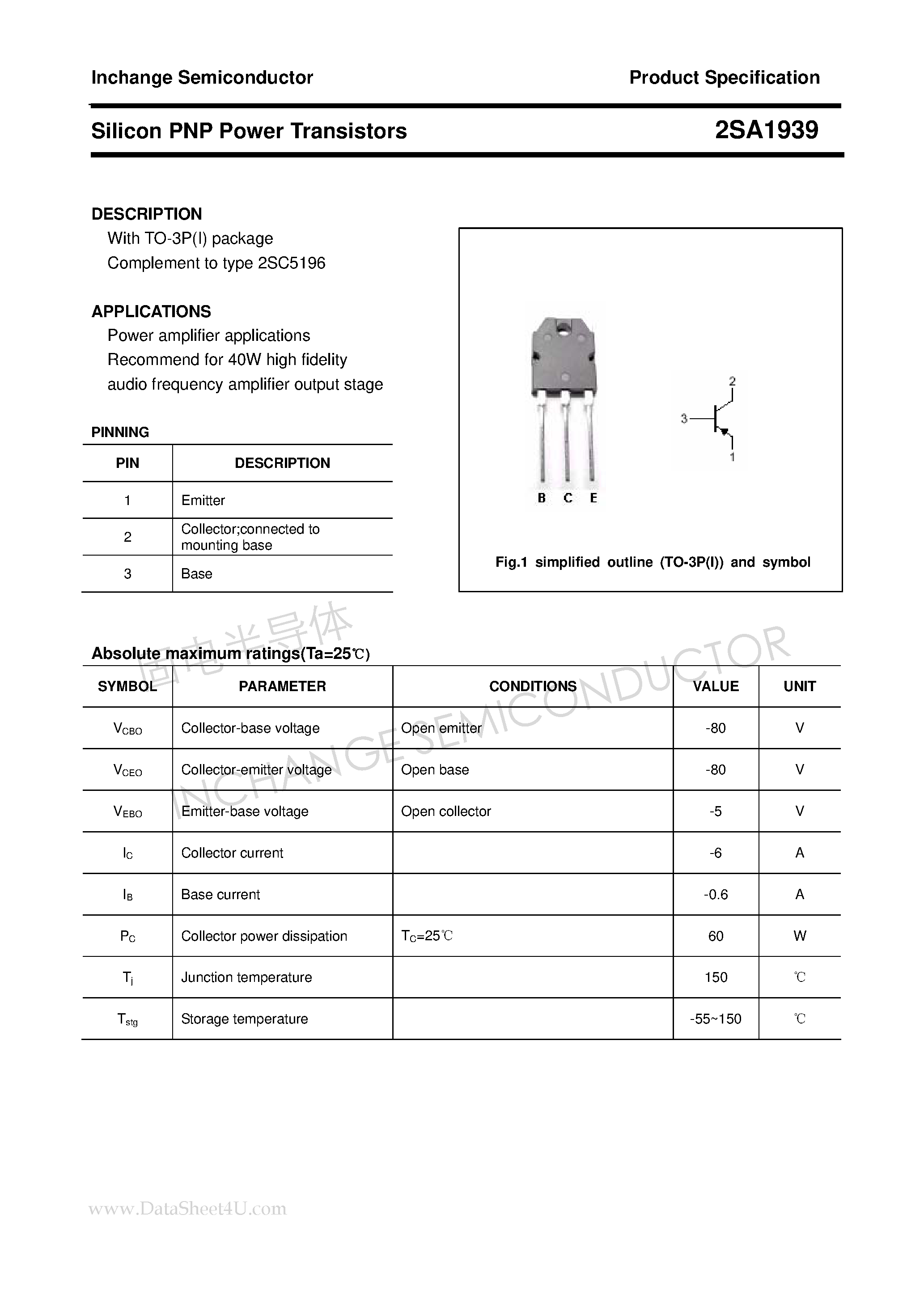 Datasheet 2SA1939 page 1 Datasheet 2SA1939 - Power Transistor page 1