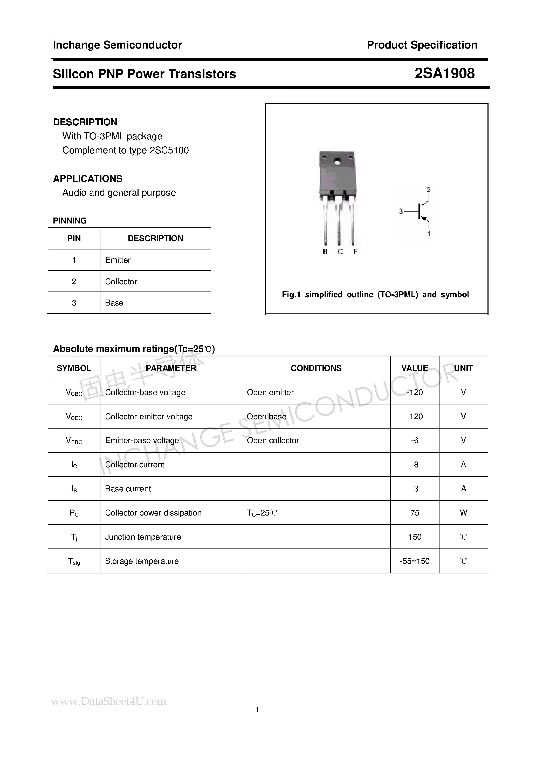 Datasheet 2SA1908 - Power Transistor page 1