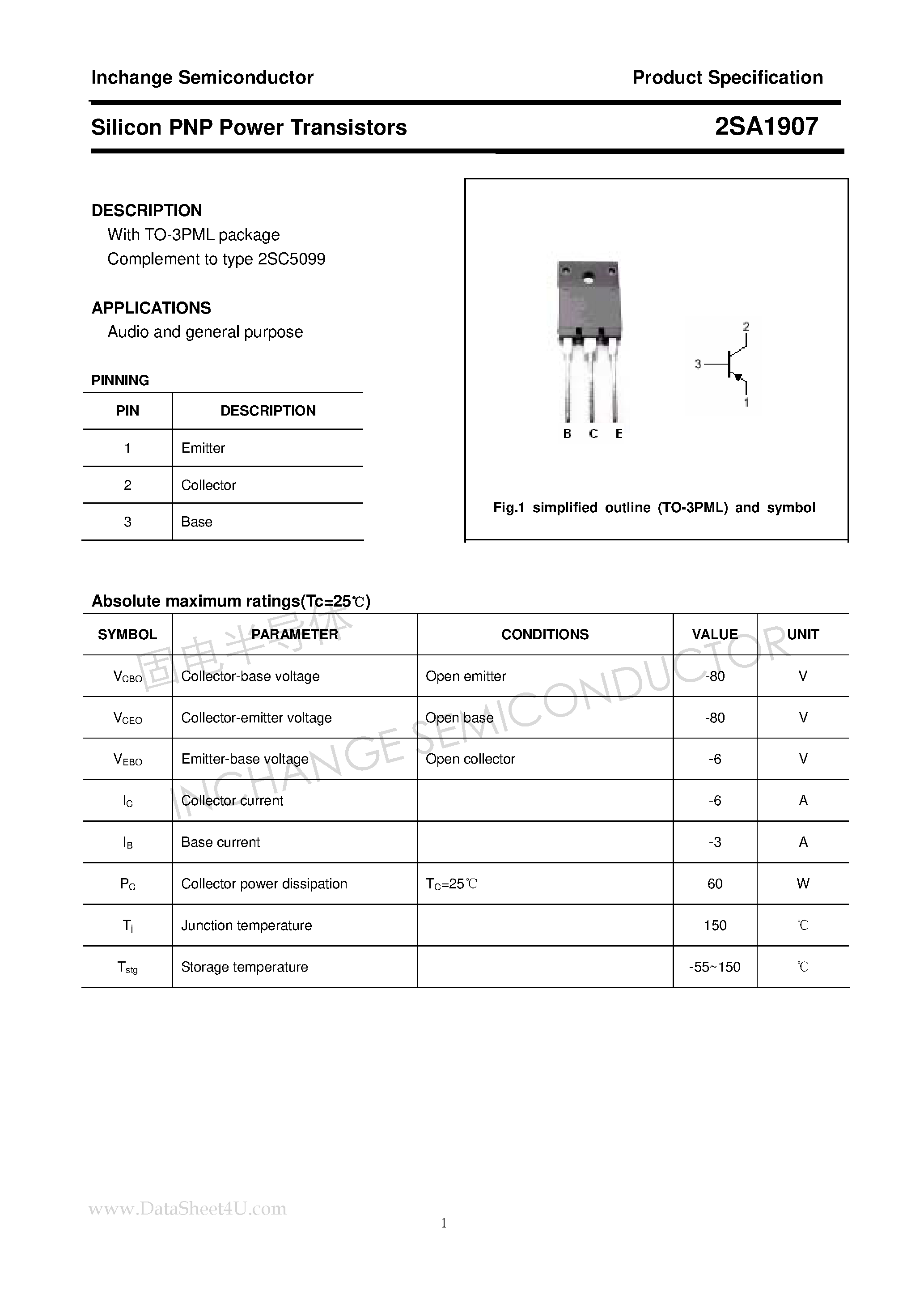Datasheet 2SA1907 - Power Transistor page 1