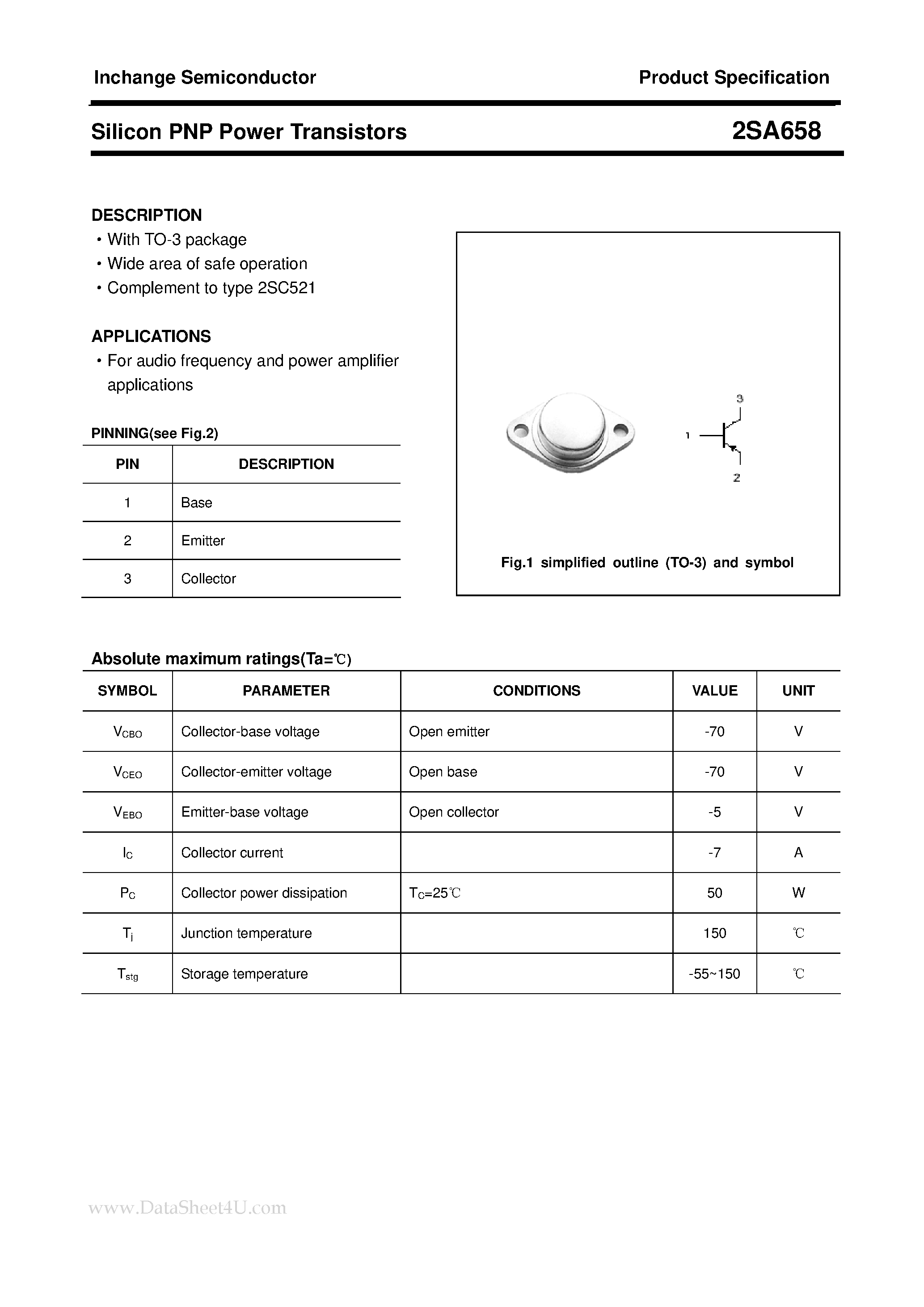 Datasheet 2SA658 - Power Transistor page 1