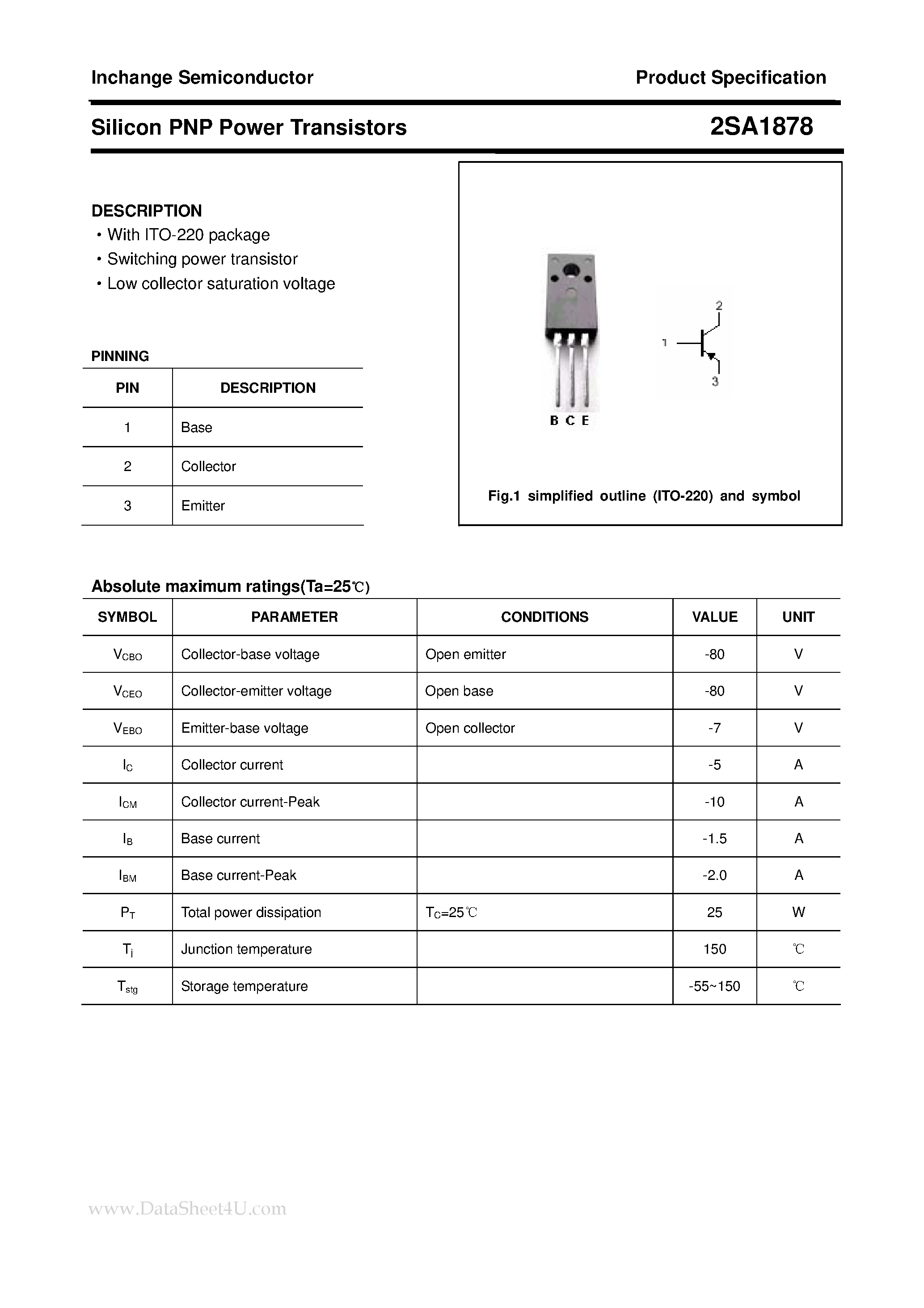 Datasheet 2SA1878 - Power Transistor page 1