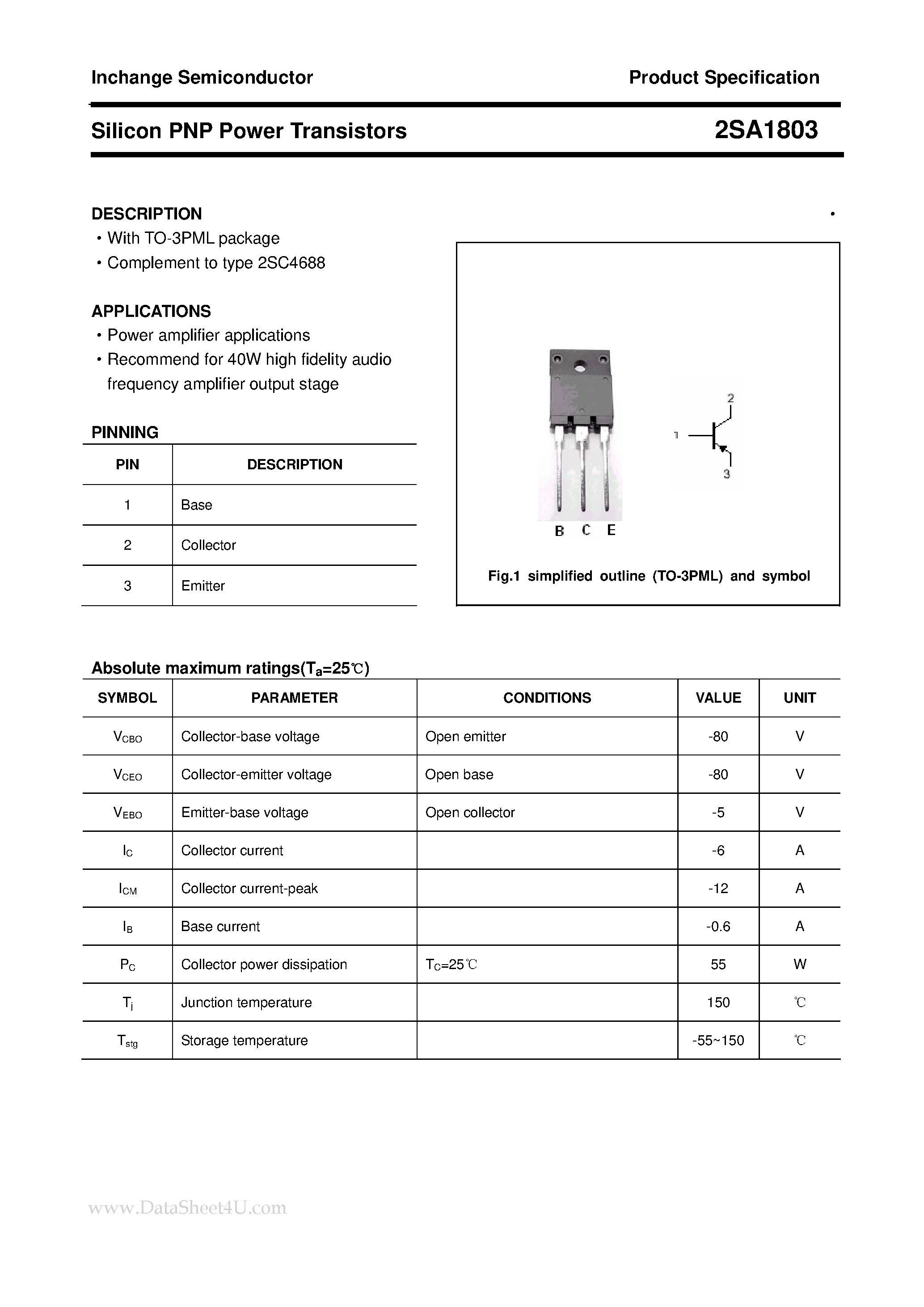 Datasheet 2SA1803 - Power Transistor page 1