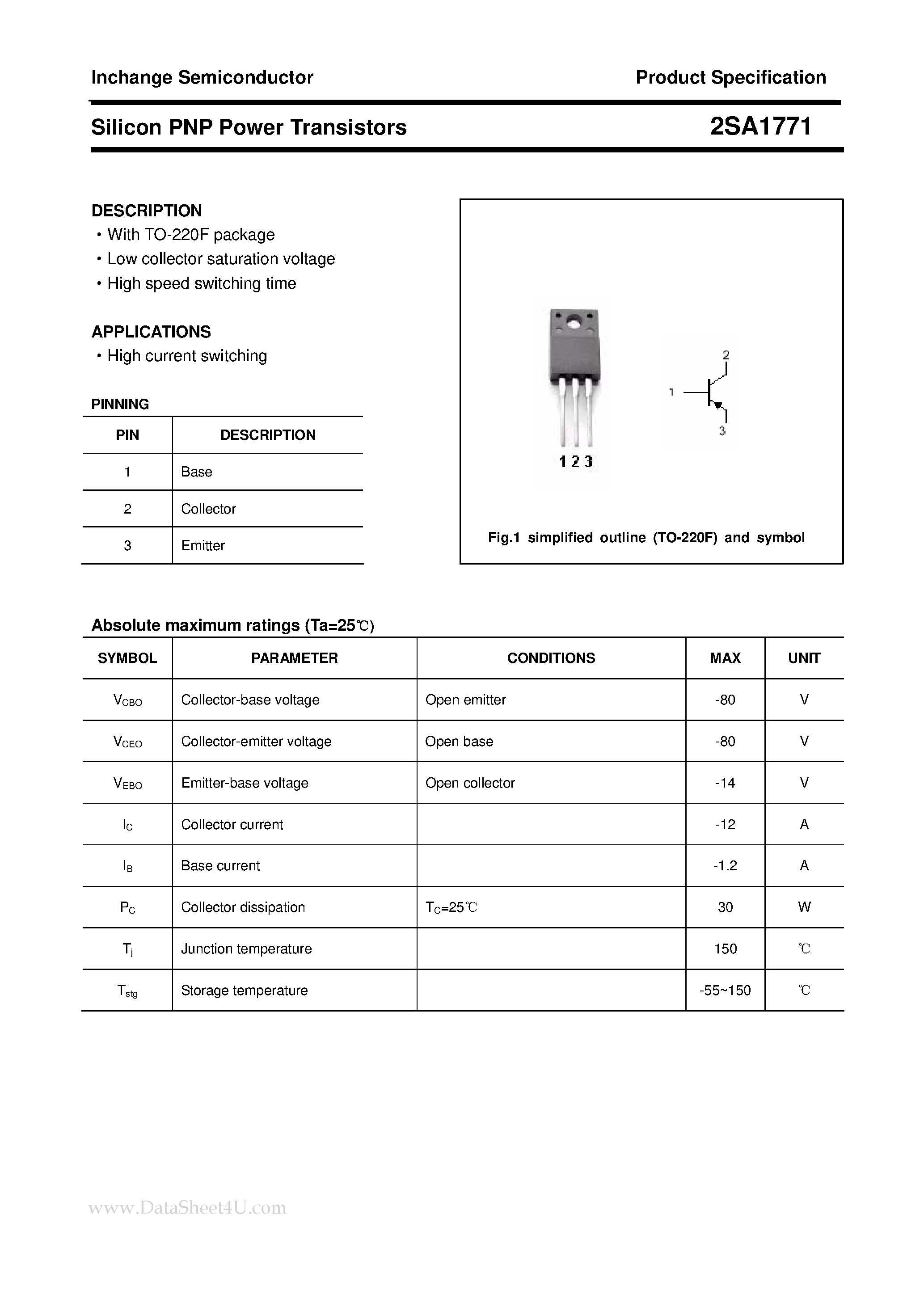 Datasheet 2SA1771 page 1 Datasheet 2SA1771 - POWER TRANSISTOR page 1