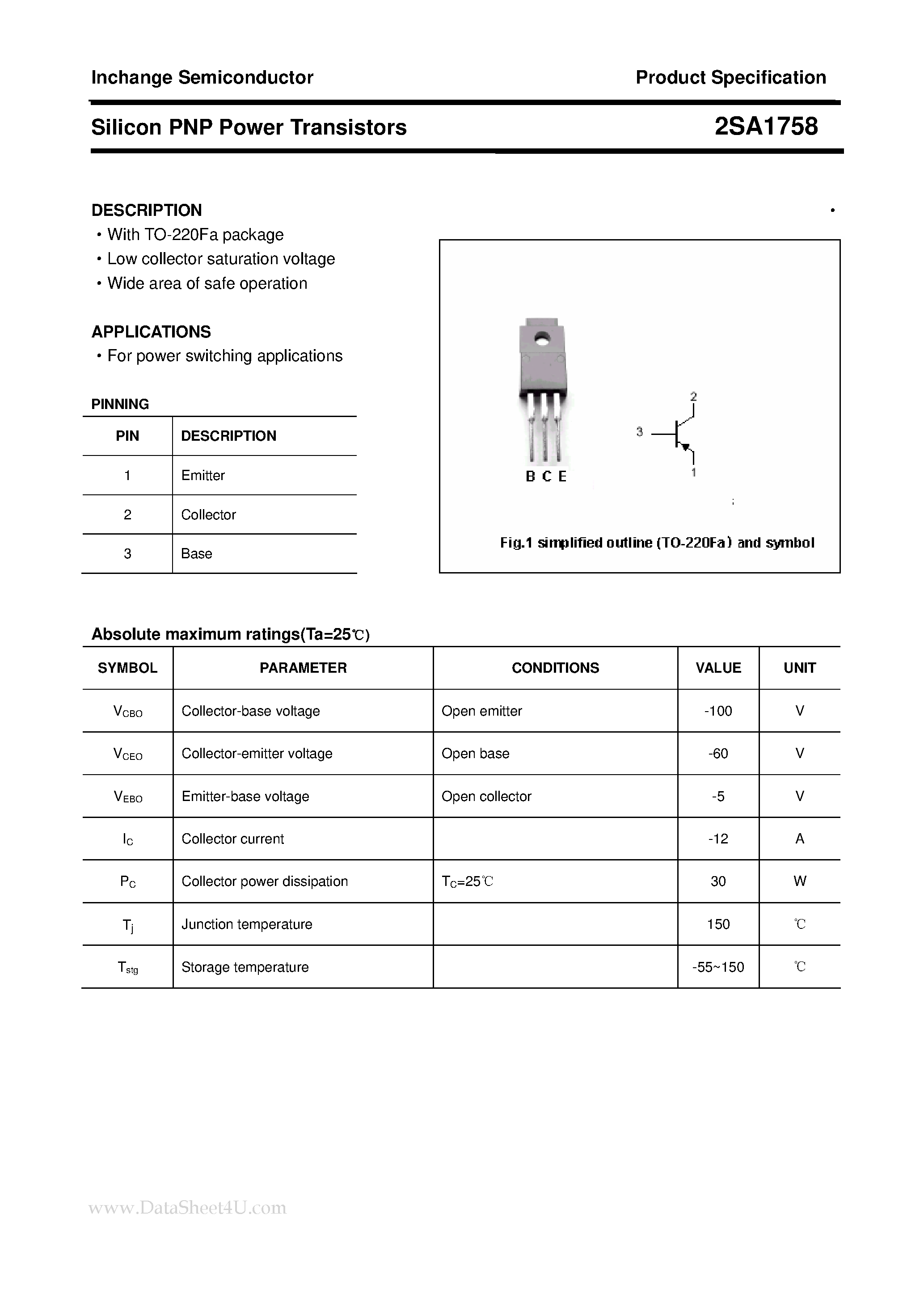 Datasheet 2SA1758 - POWER TRANSISTOR page 1