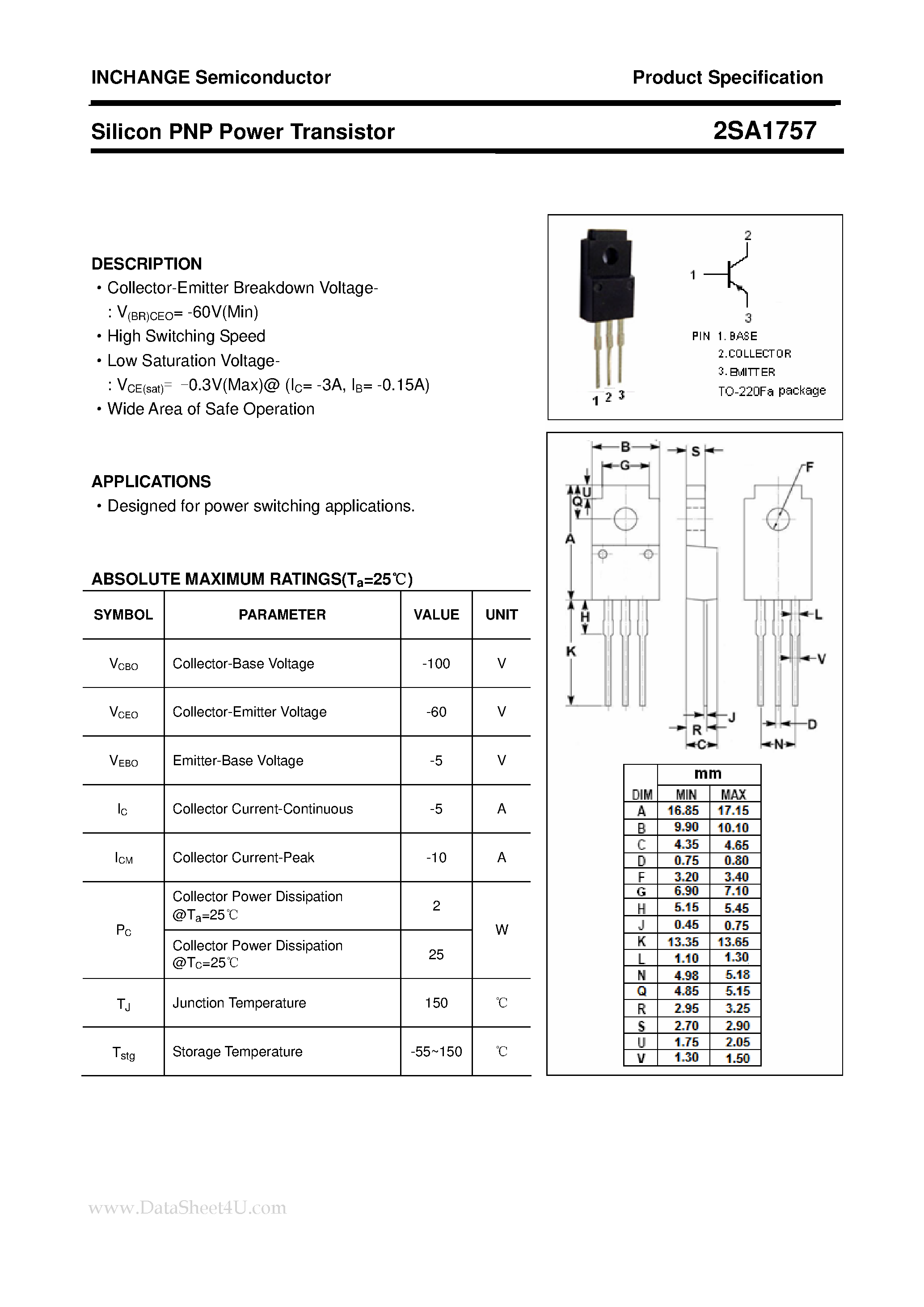 Datasheet 2SA1757 - POWER TRANSISTOR page 1