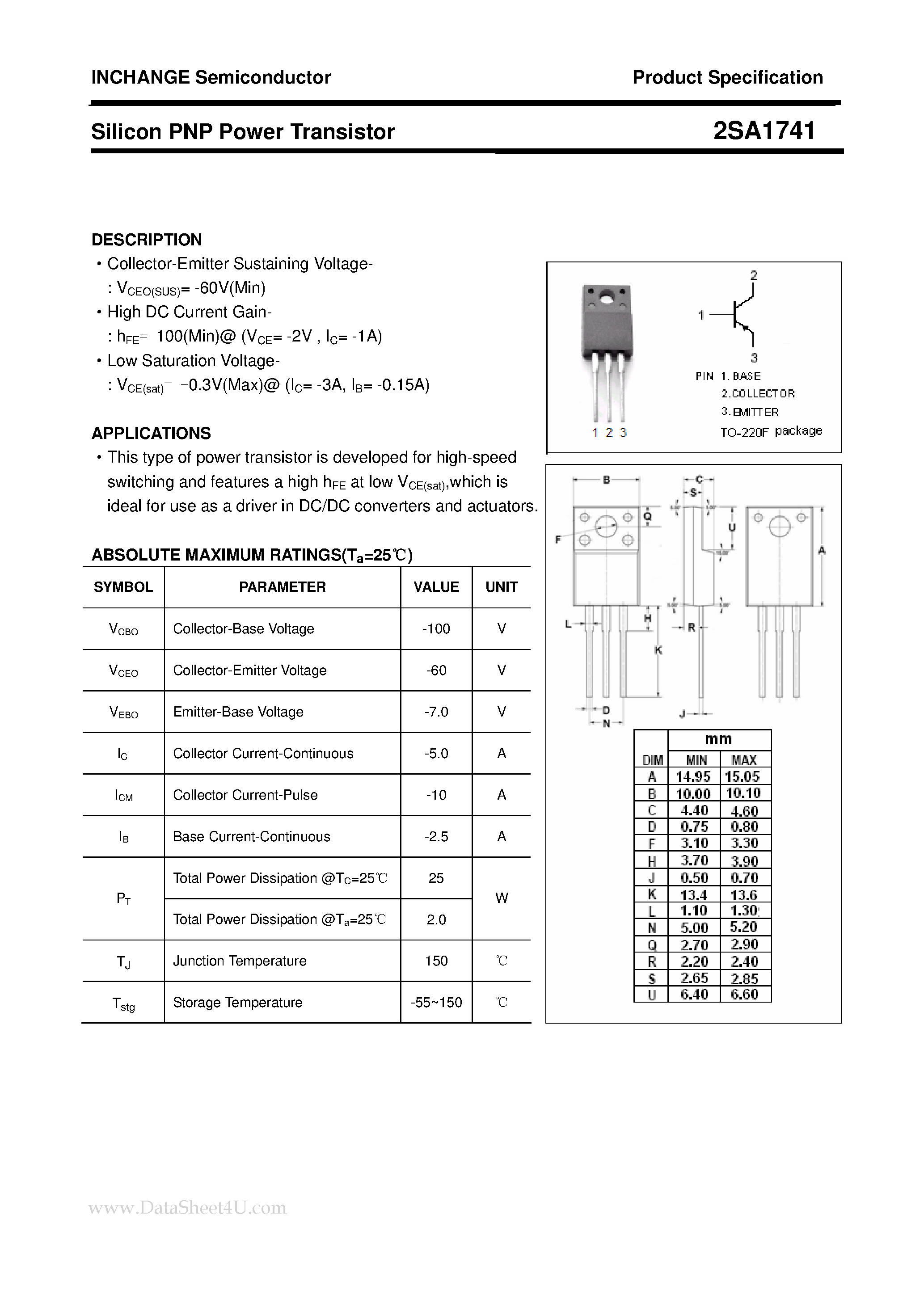 Даташит на микросхему 2SA1741 страница 1 Даташит 2SA1741 - POWER TRANSISTOR страница 1