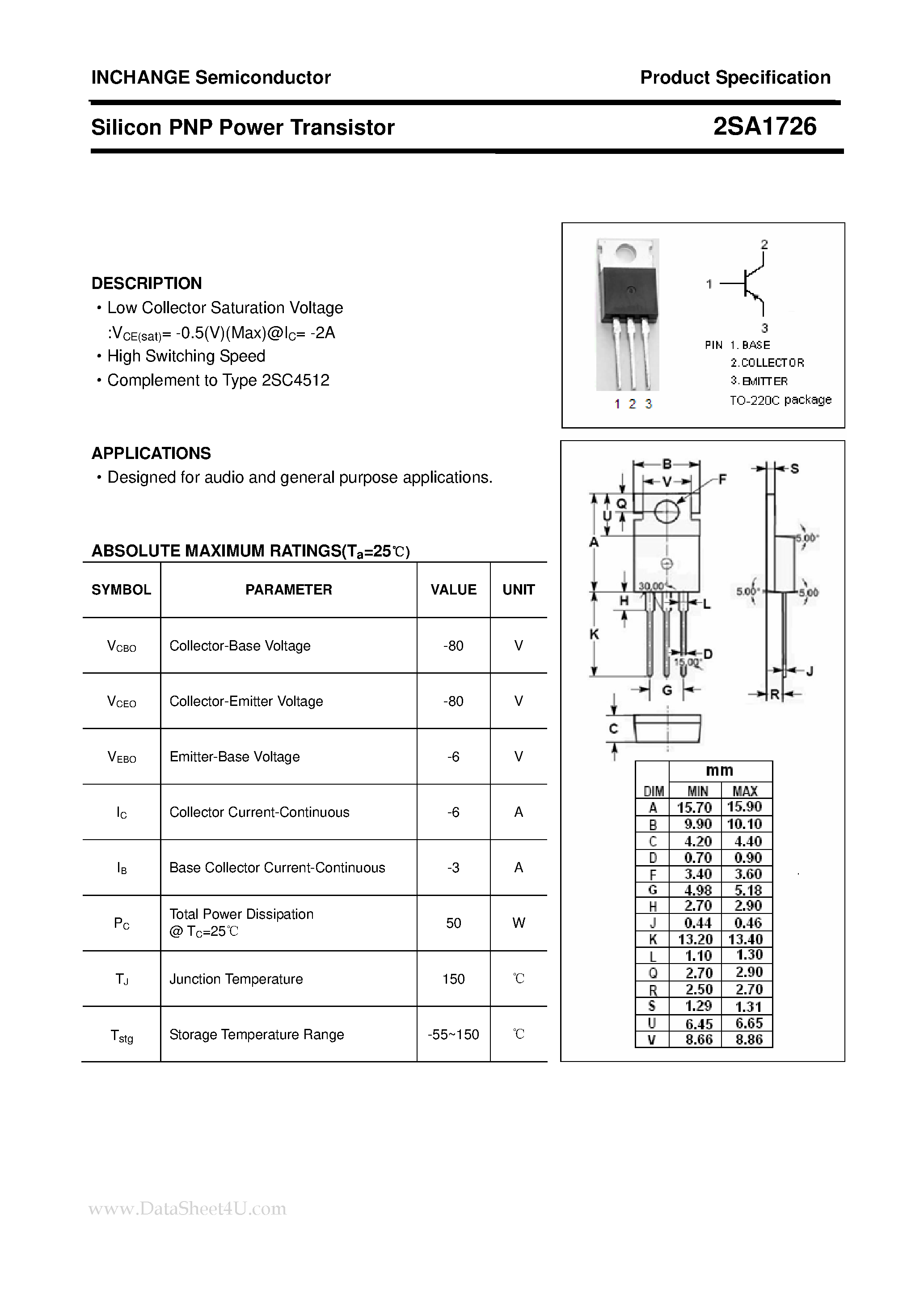 Datasheet 2SA1726 page 1 Datasheet 2SA1726 - POWER TRANSISTOR page 1