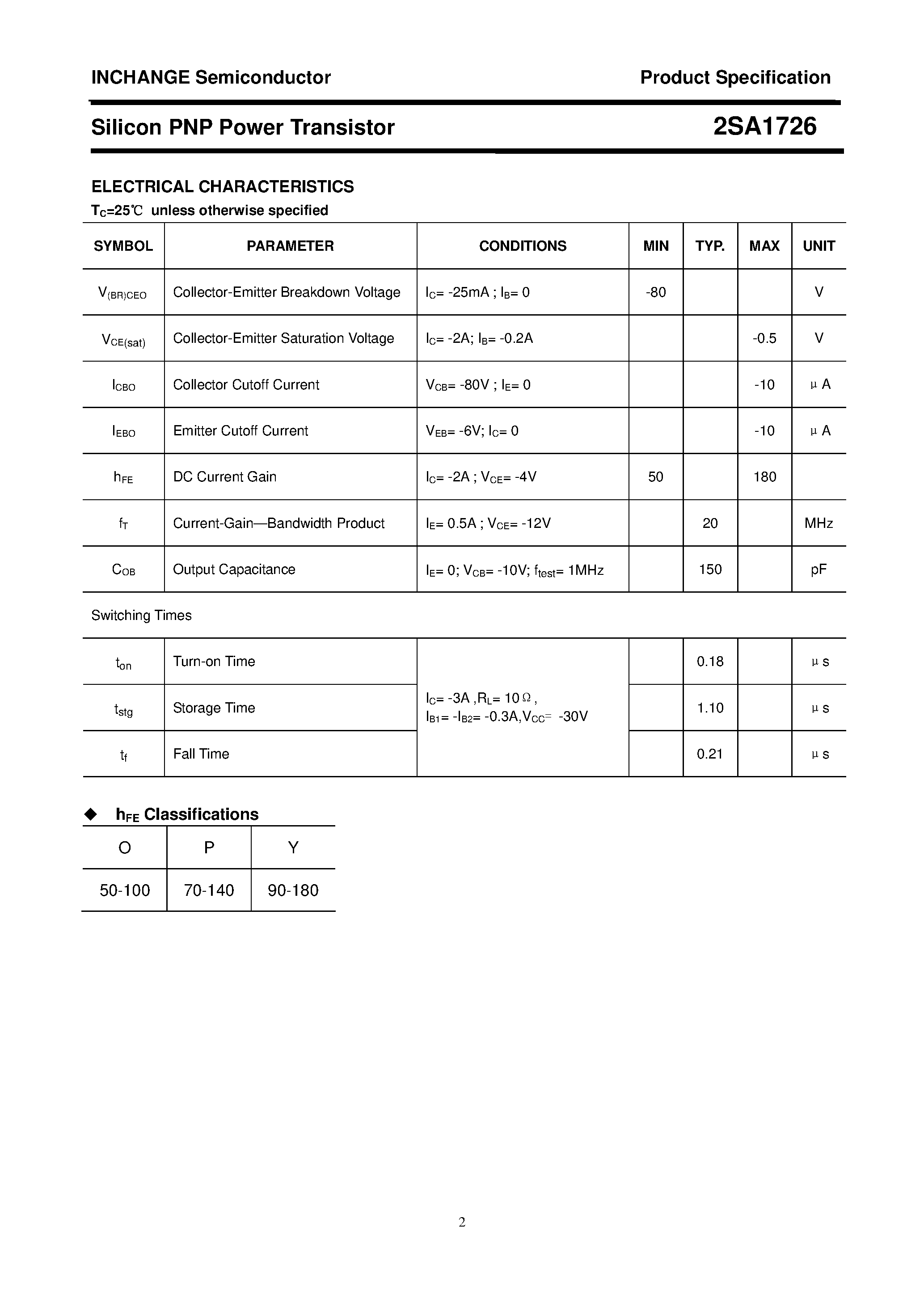 Datasheet 2SA1726 page 2 Datasheet 2SA1726 - POWER TRANSISTOR page 2