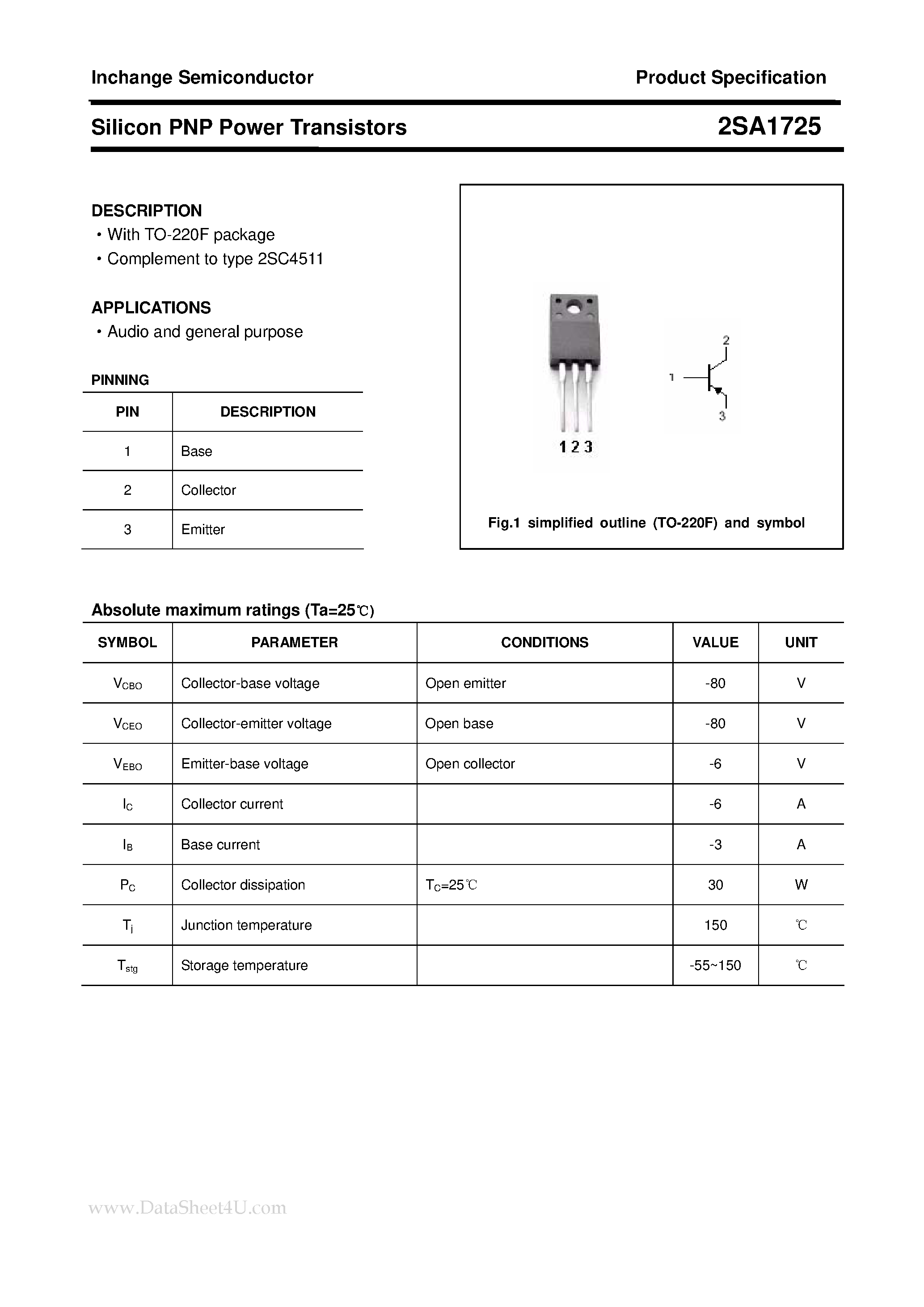 Datasheet 2SA1725 page 1 Datasheet 2SA1725 - POWER TRANSISTOR page 1