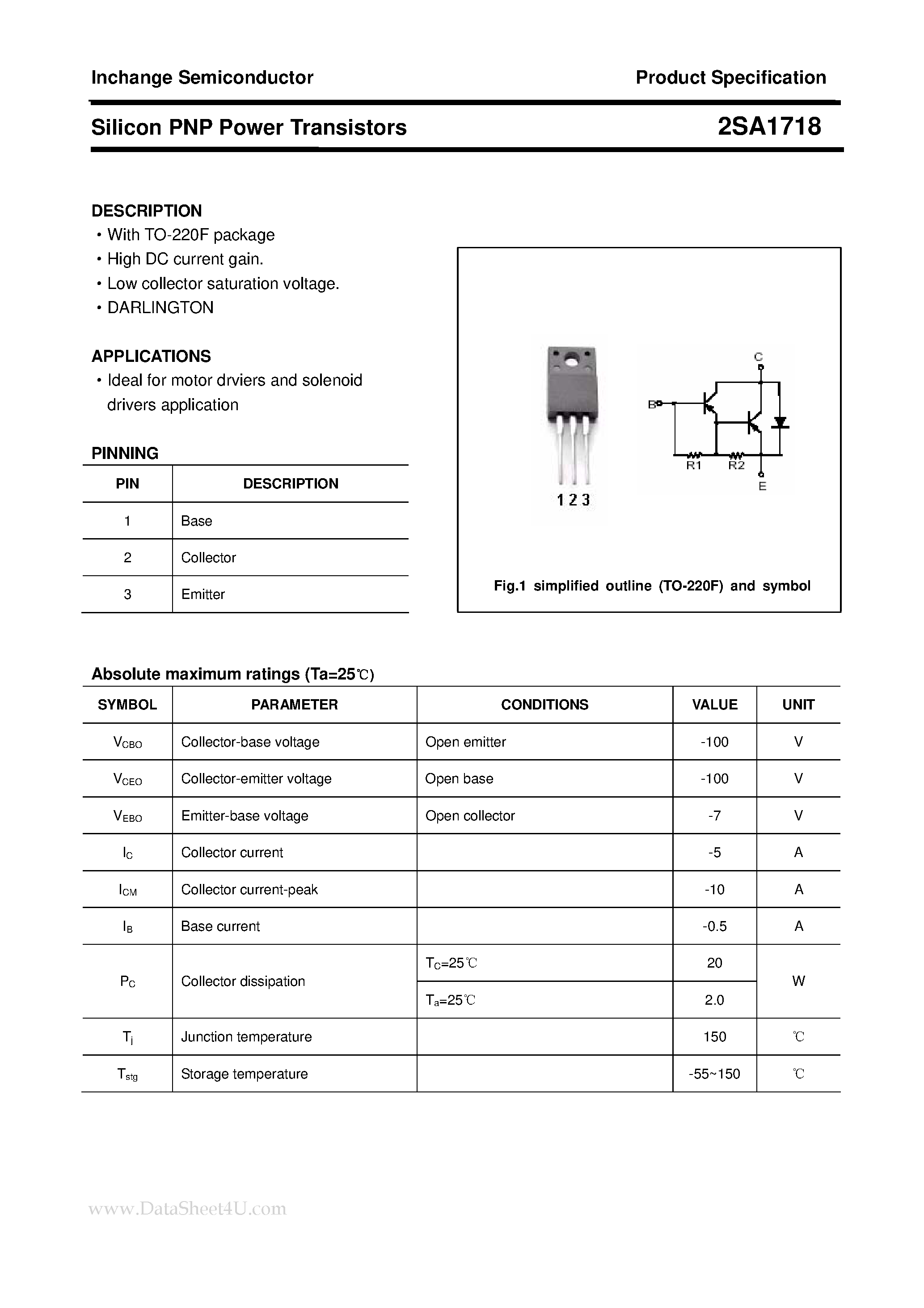 Datasheet 2SA1718 - POWER TRANSISTOR page 1