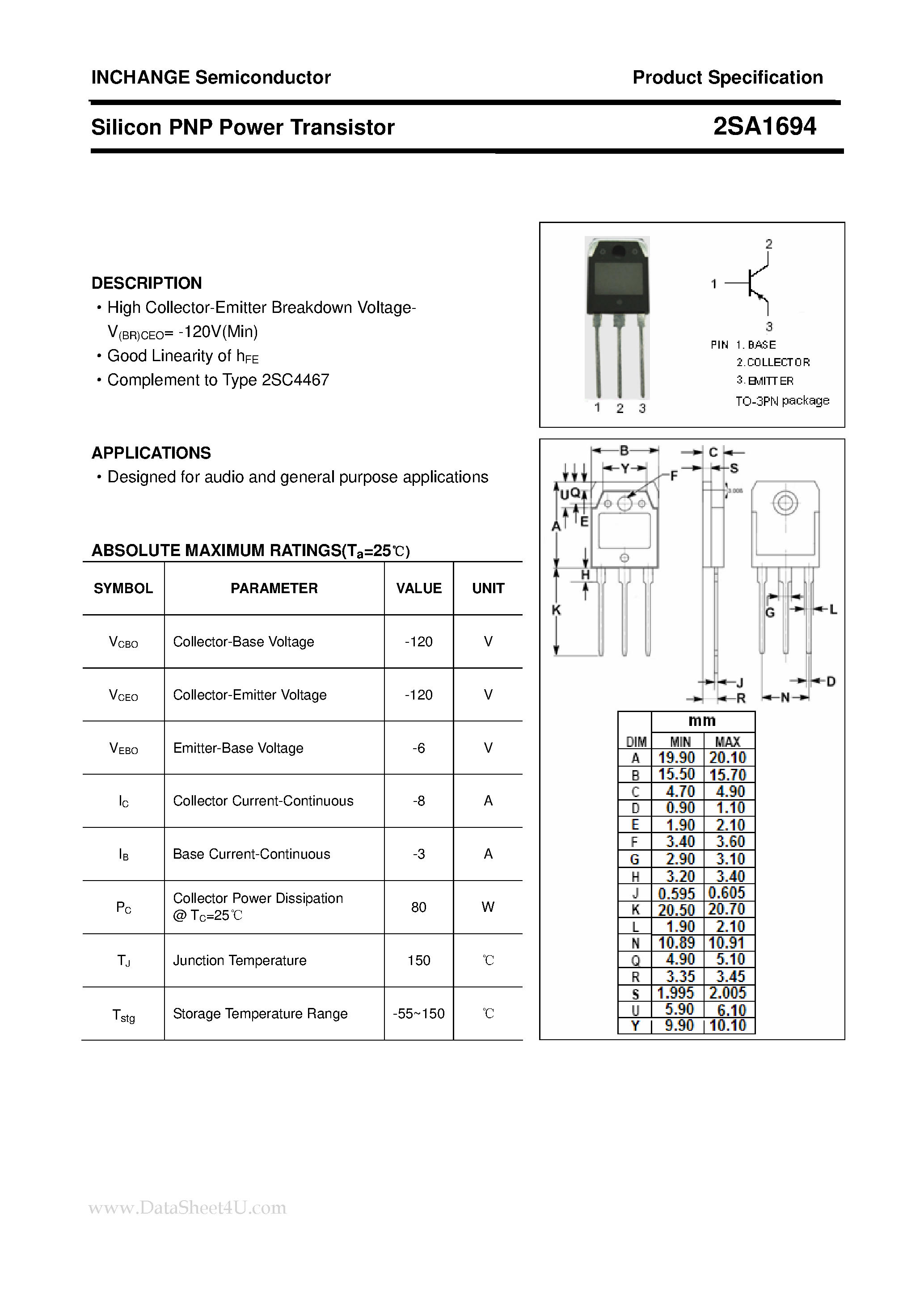 Datasheet 2SA1694 - POWER TRANSISTOR page 1