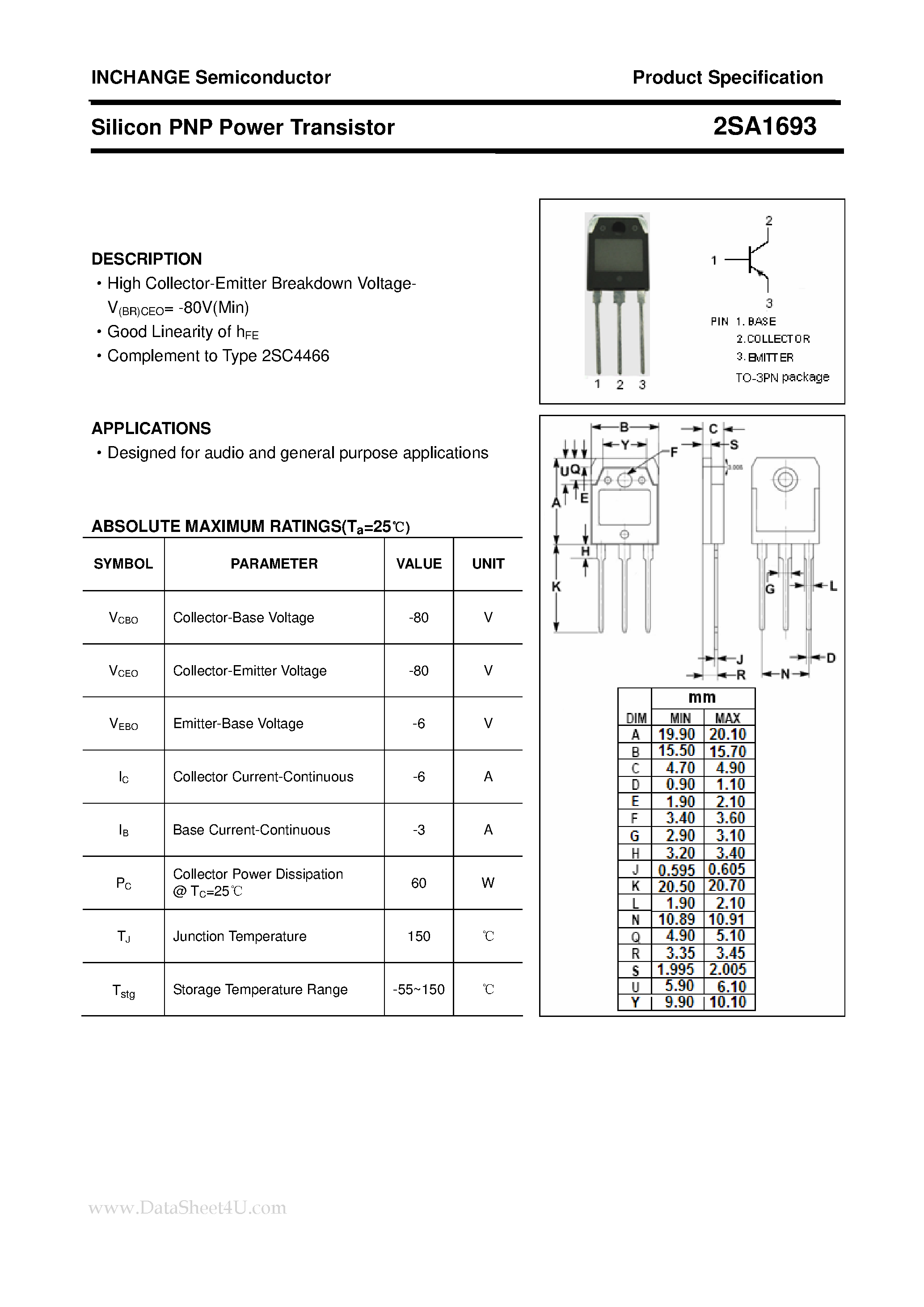 Datasheet 2SA1693 - POWER TRANSISTOR page 1
