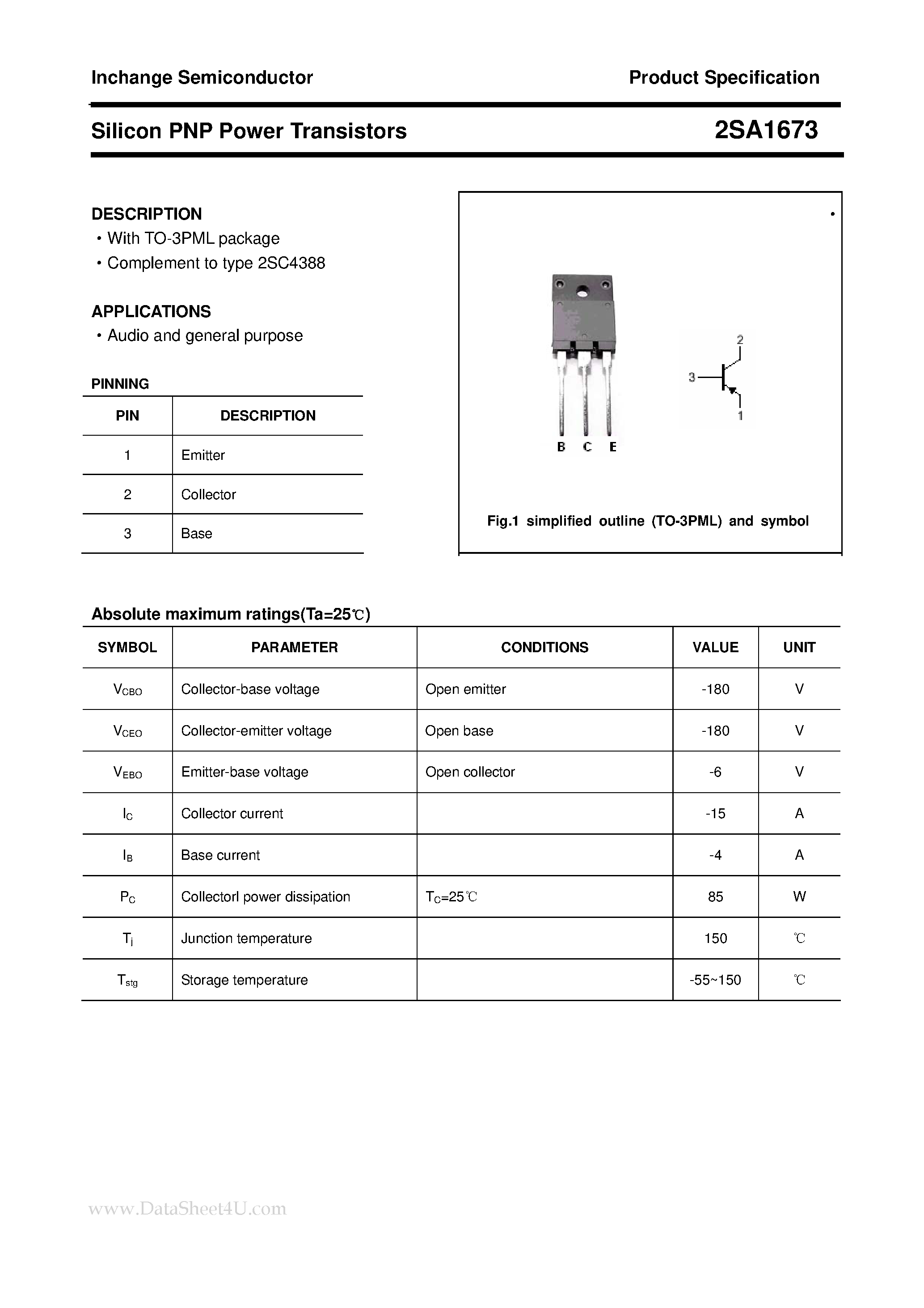 Datasheet 2SA1673 page 1 Datasheet 2SA1673 - POWER TRANSISTOR page 1