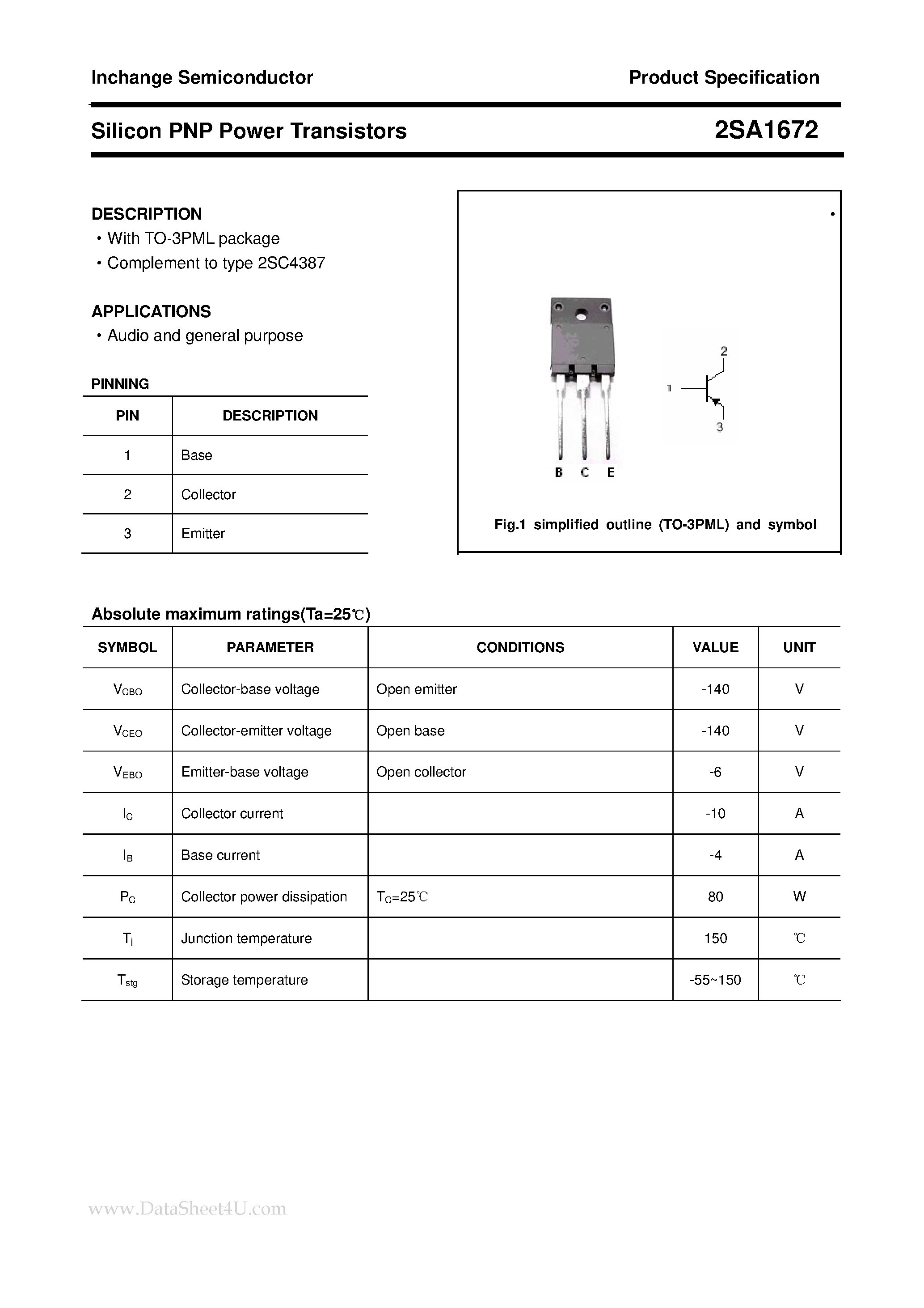Datasheet 2SA1672 page 1 Datasheet 2SA1672 - POWER TRANSISTOR page 1
