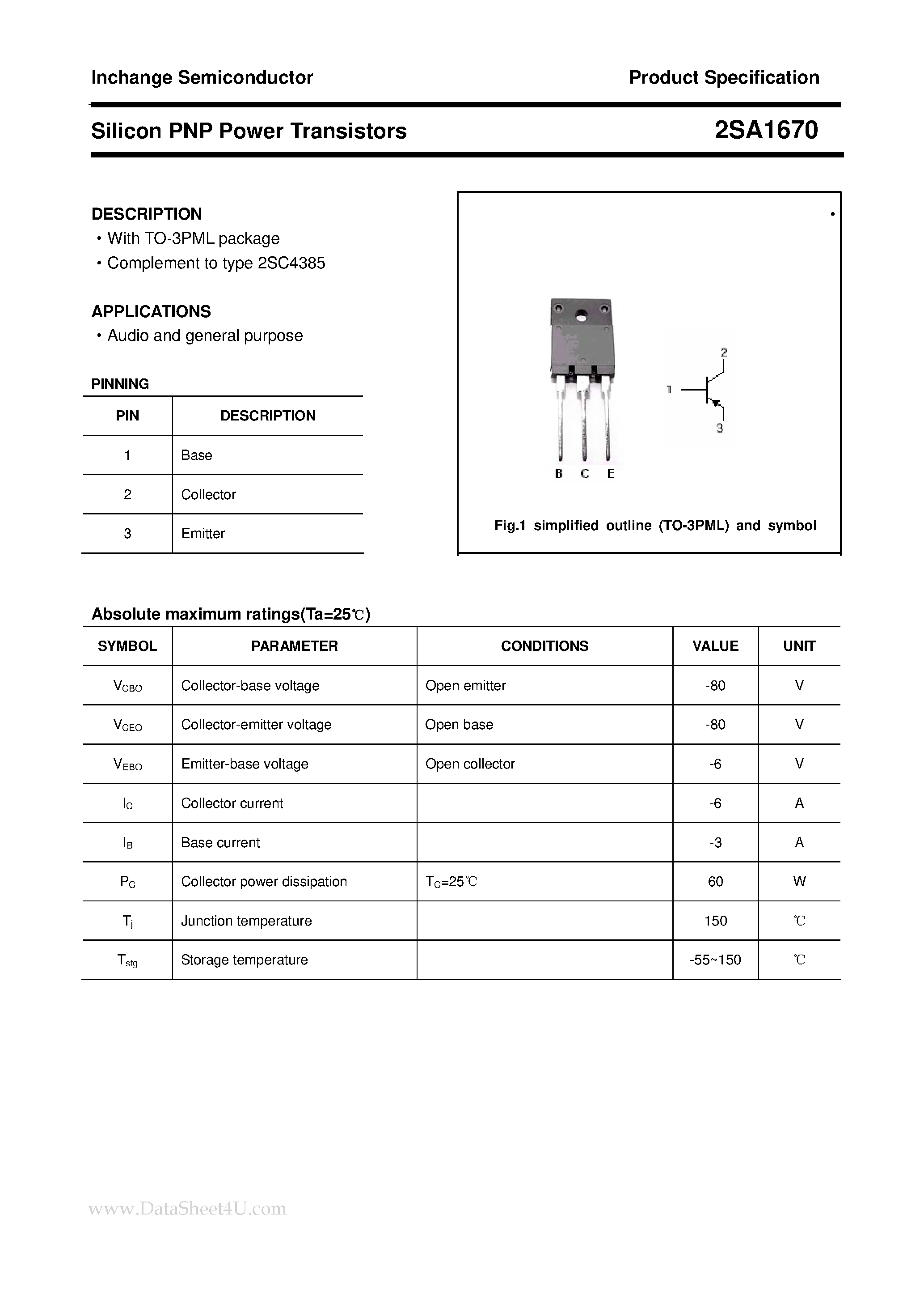 Datasheet 2SA1670 page 1 Datasheet 2SA1670 - POWER TRANSISTOR page 1