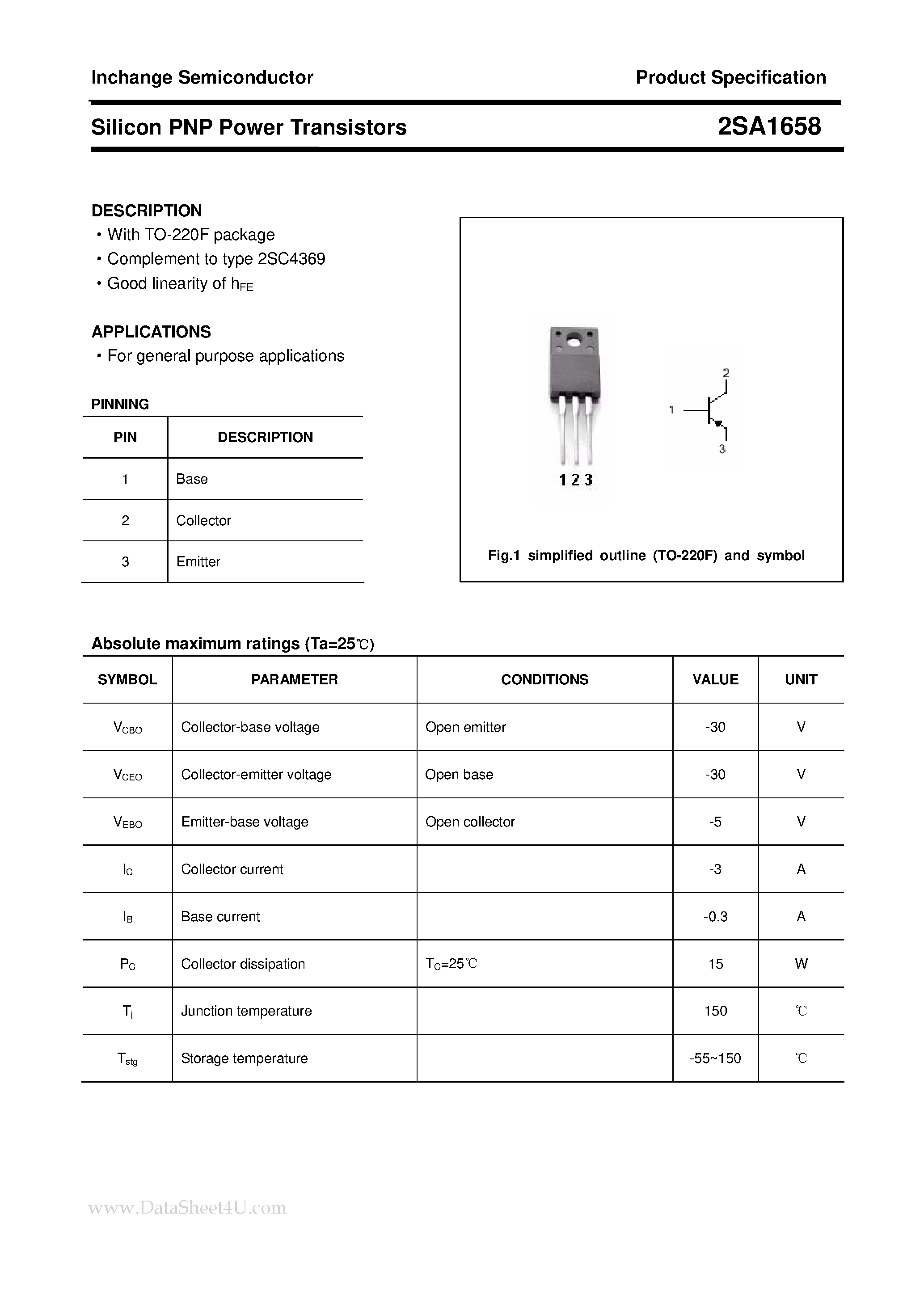 Datasheet 2SA1658 - POWER TRANSISTOR page 1