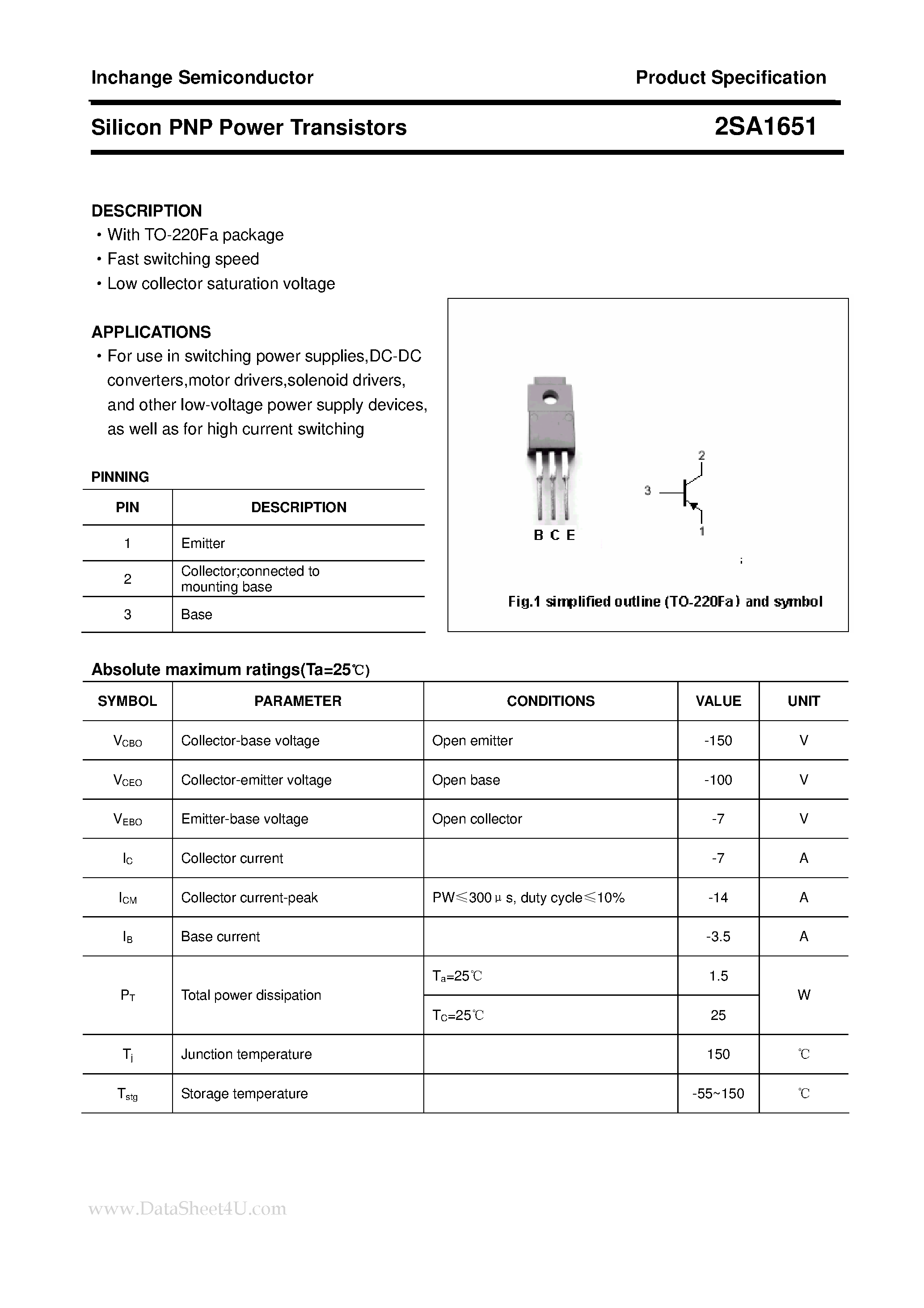 Datasheet 2SA1651 - POWER TRANSISTOR page 1