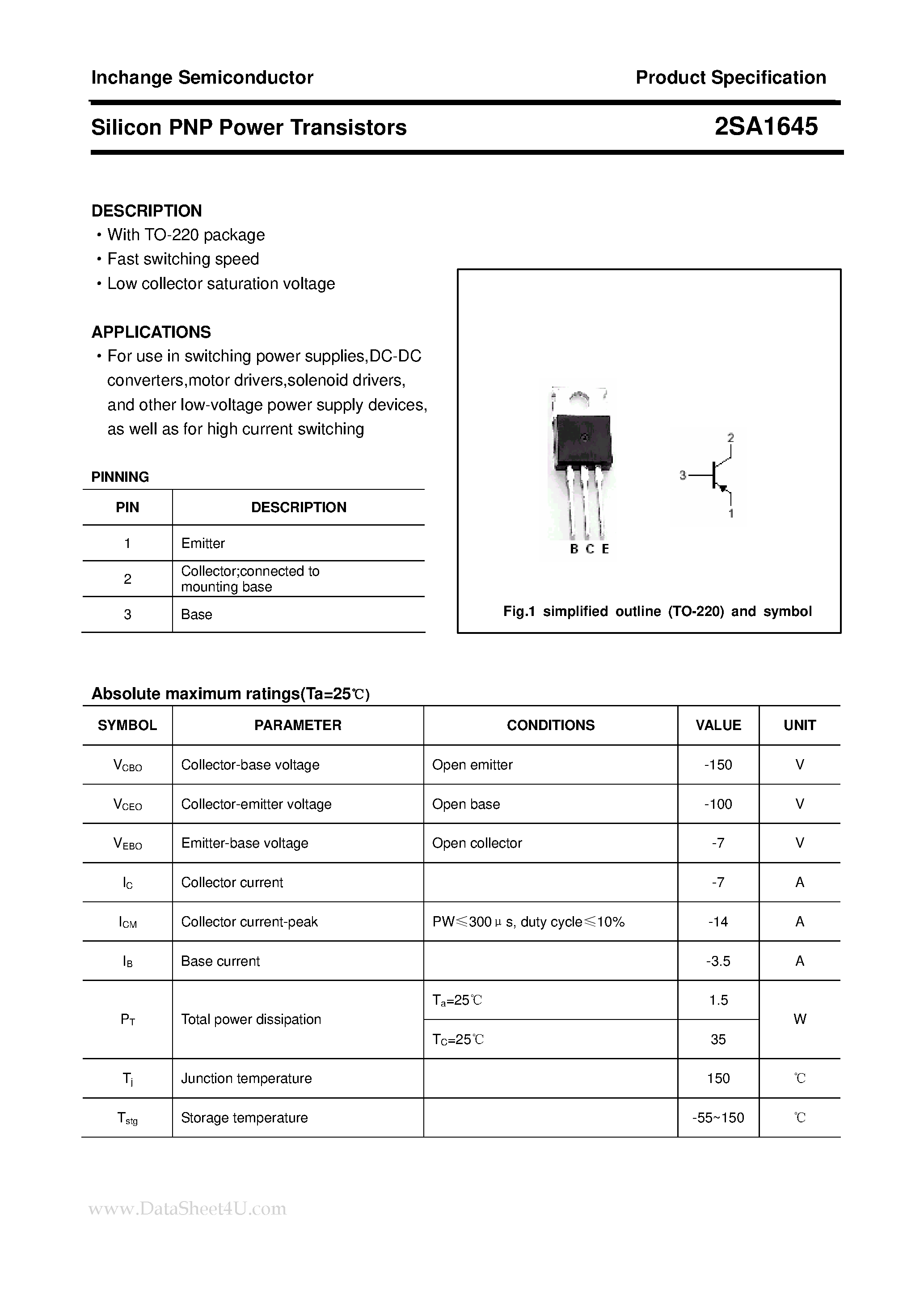 Datasheet 2SA1645 - POWER TRANSISTOR page 1