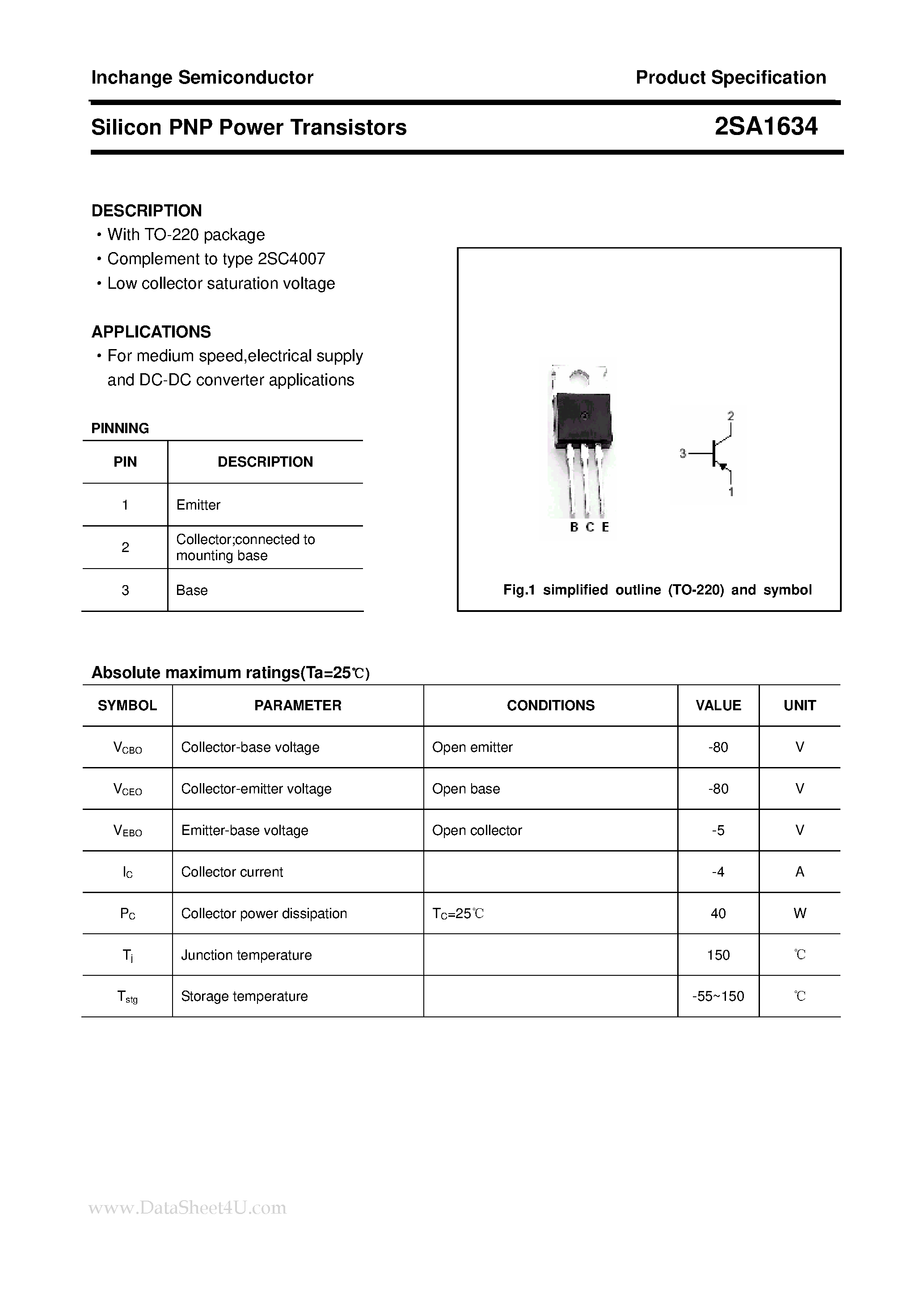 Datasheet 2SA1634 page 1 Datasheet 2SA1634 - POWER TRANSISTOR page 1