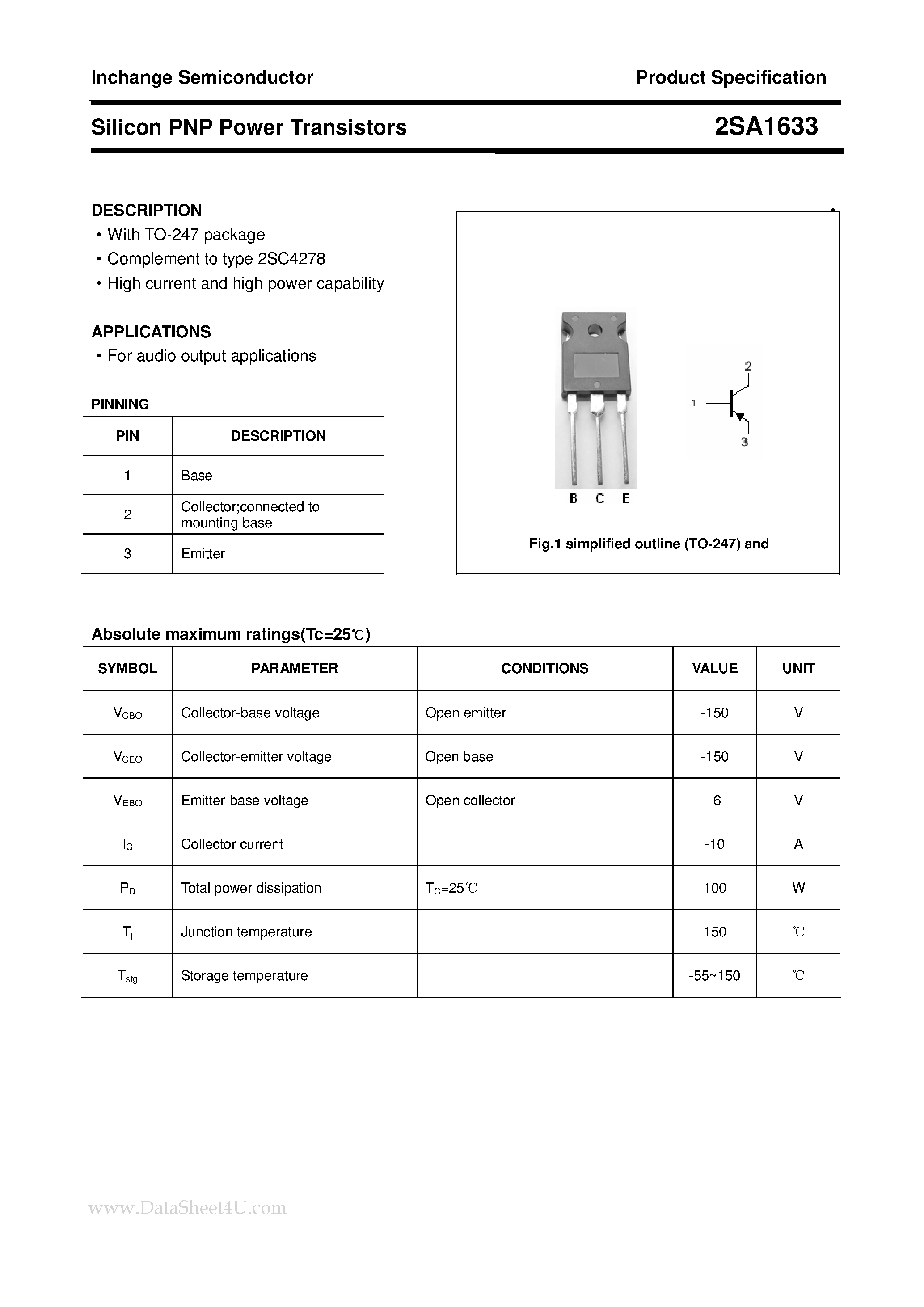 Datasheet 2SA1633 page 1 Datasheet 2SA1633 - POWER TRANSISTOR page 1