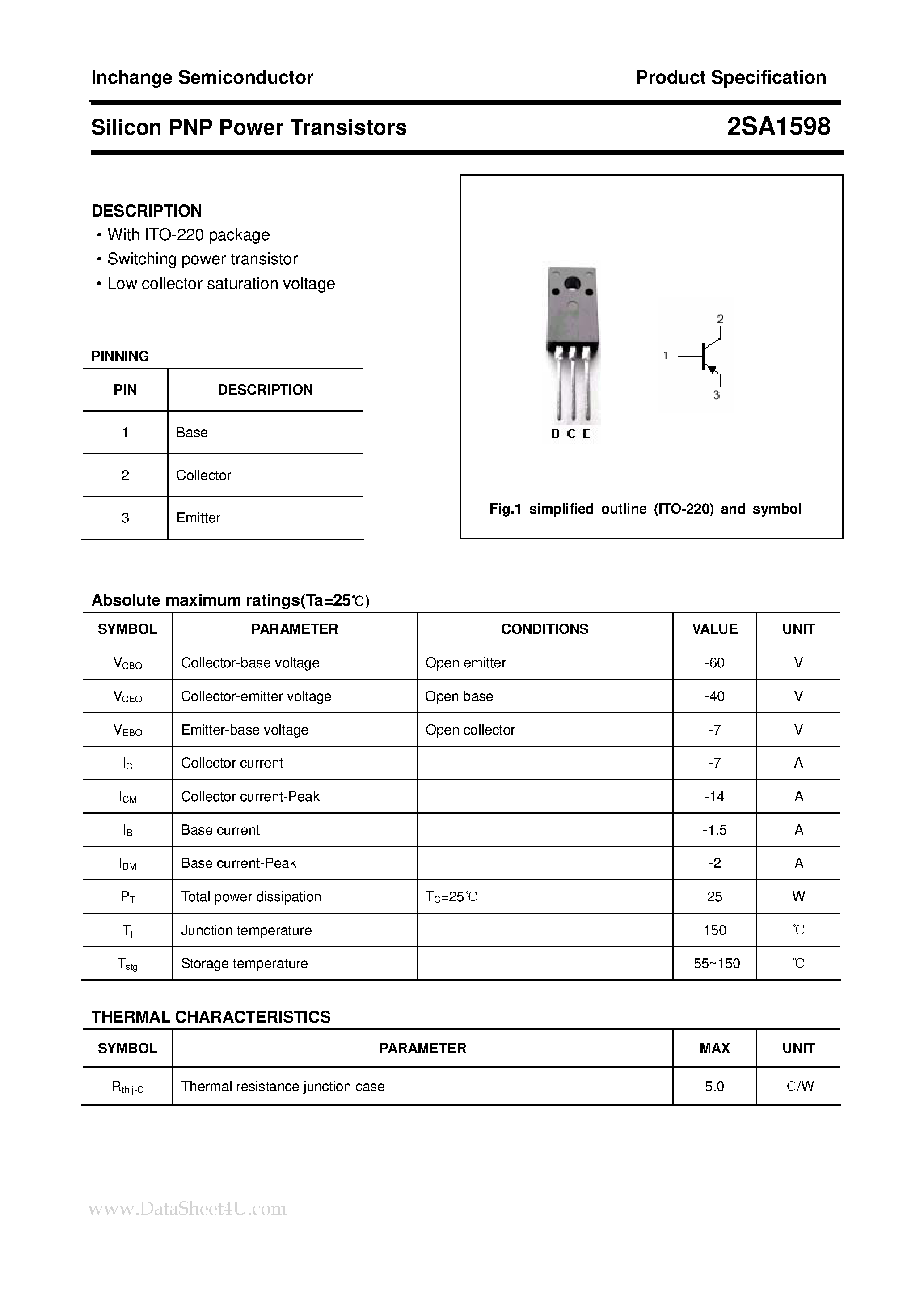Datasheet 2SA1598 - POWER TRANSISTOR page 1