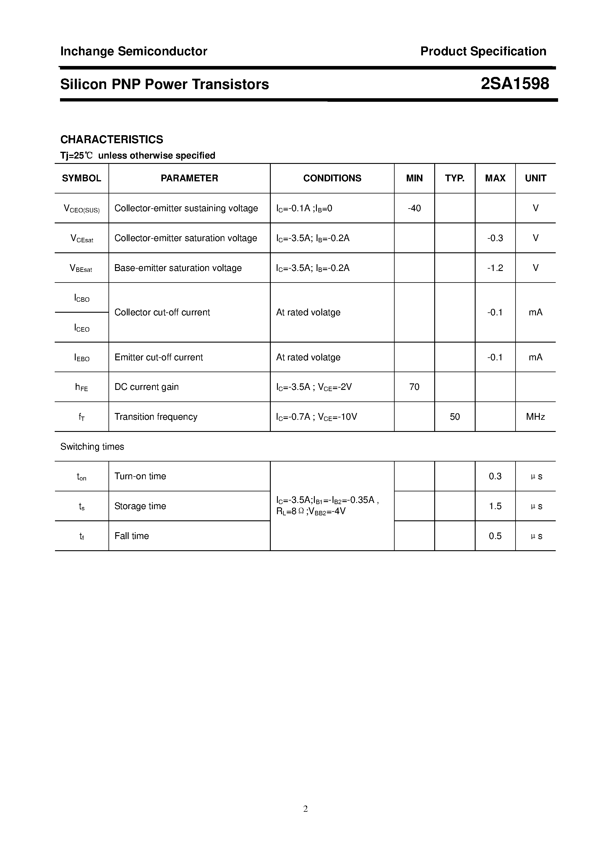 Datasheet 2SA1598 - POWER TRANSISTOR page 2