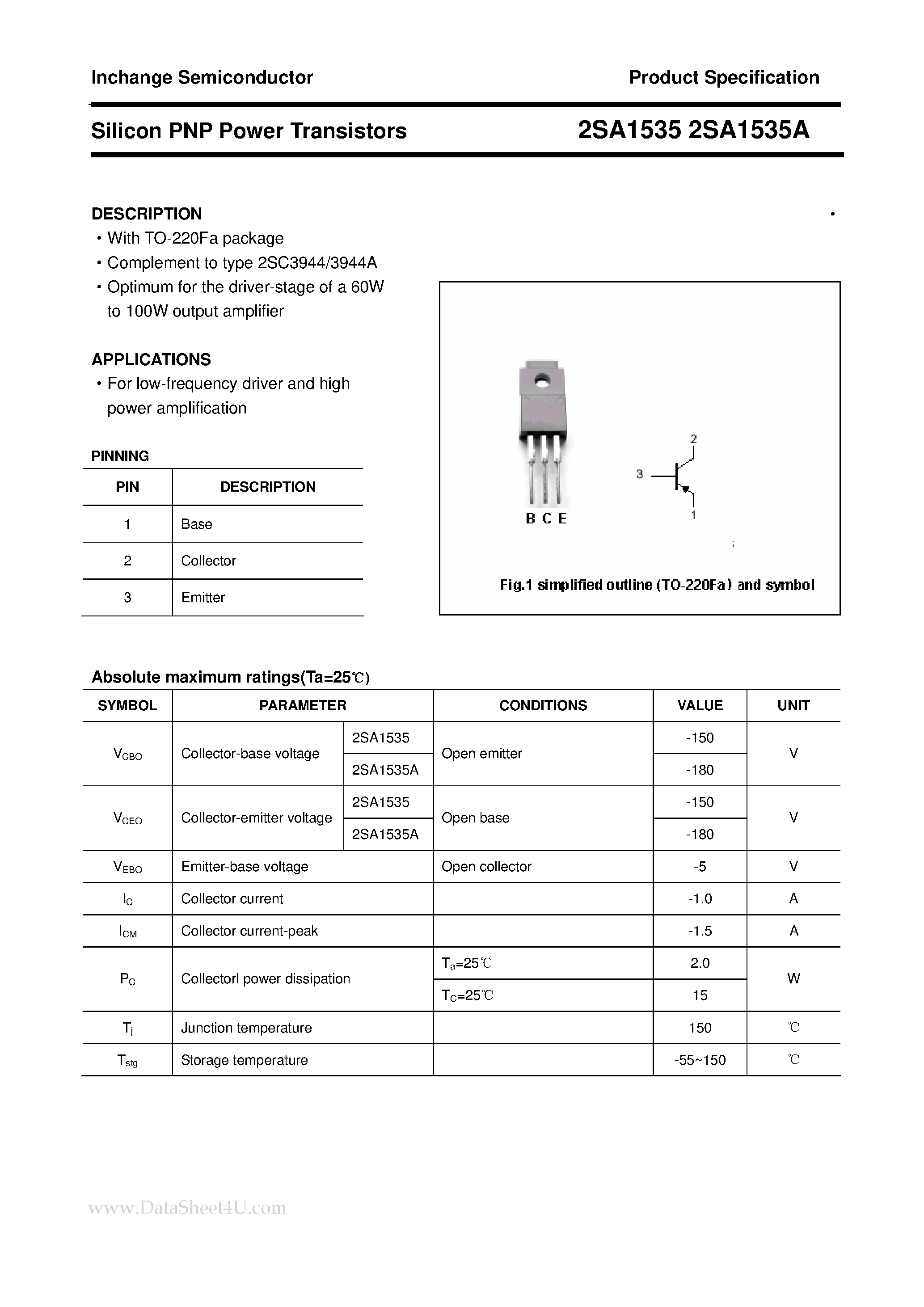 Datasheet 2SA1535 - POWER TRANSISTOR page 1