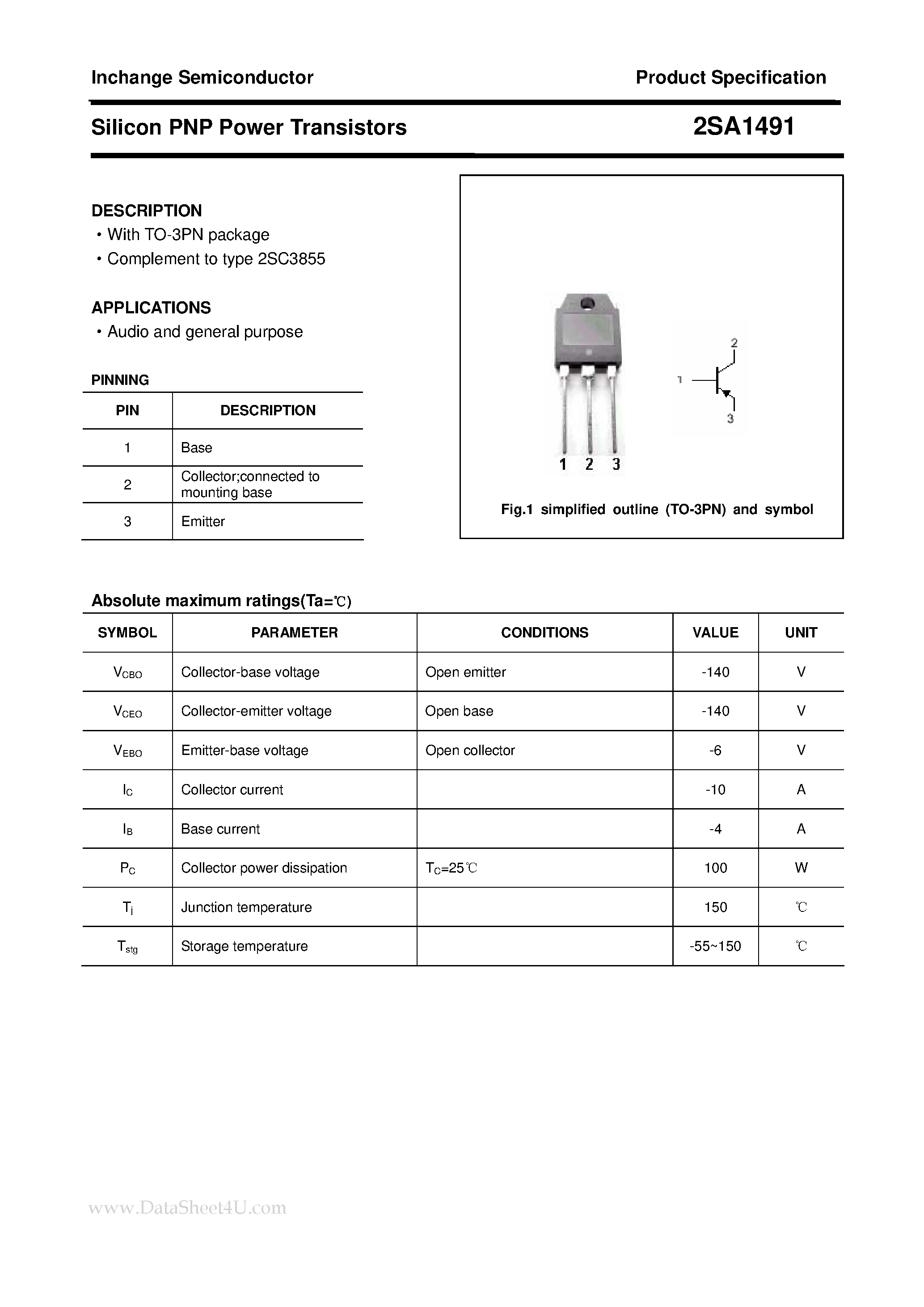Datasheet 2SA1491 - POWER TRANSISTOR page 1