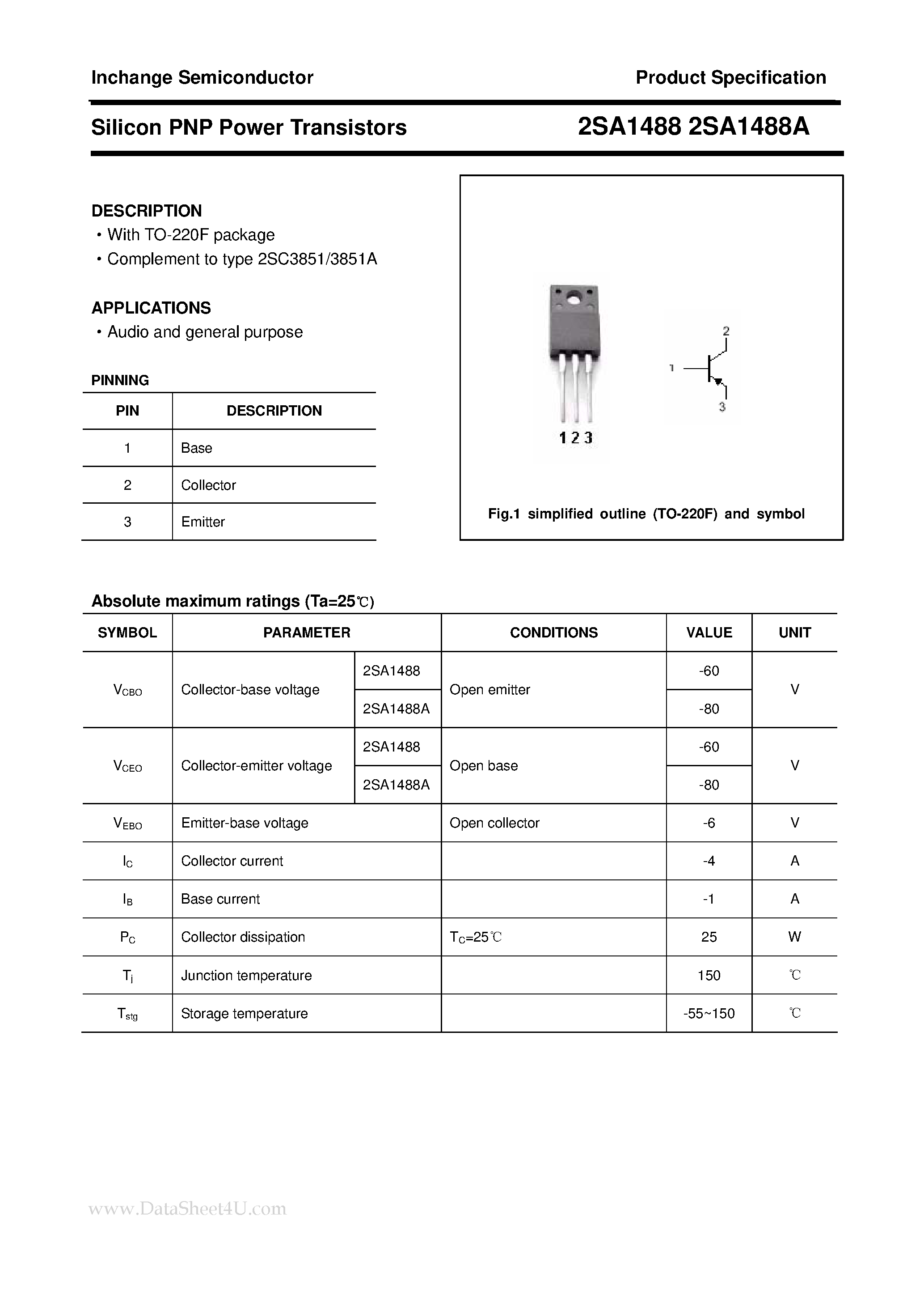 Datasheet 2SA1488A - POWER TRANSISTOR page 1