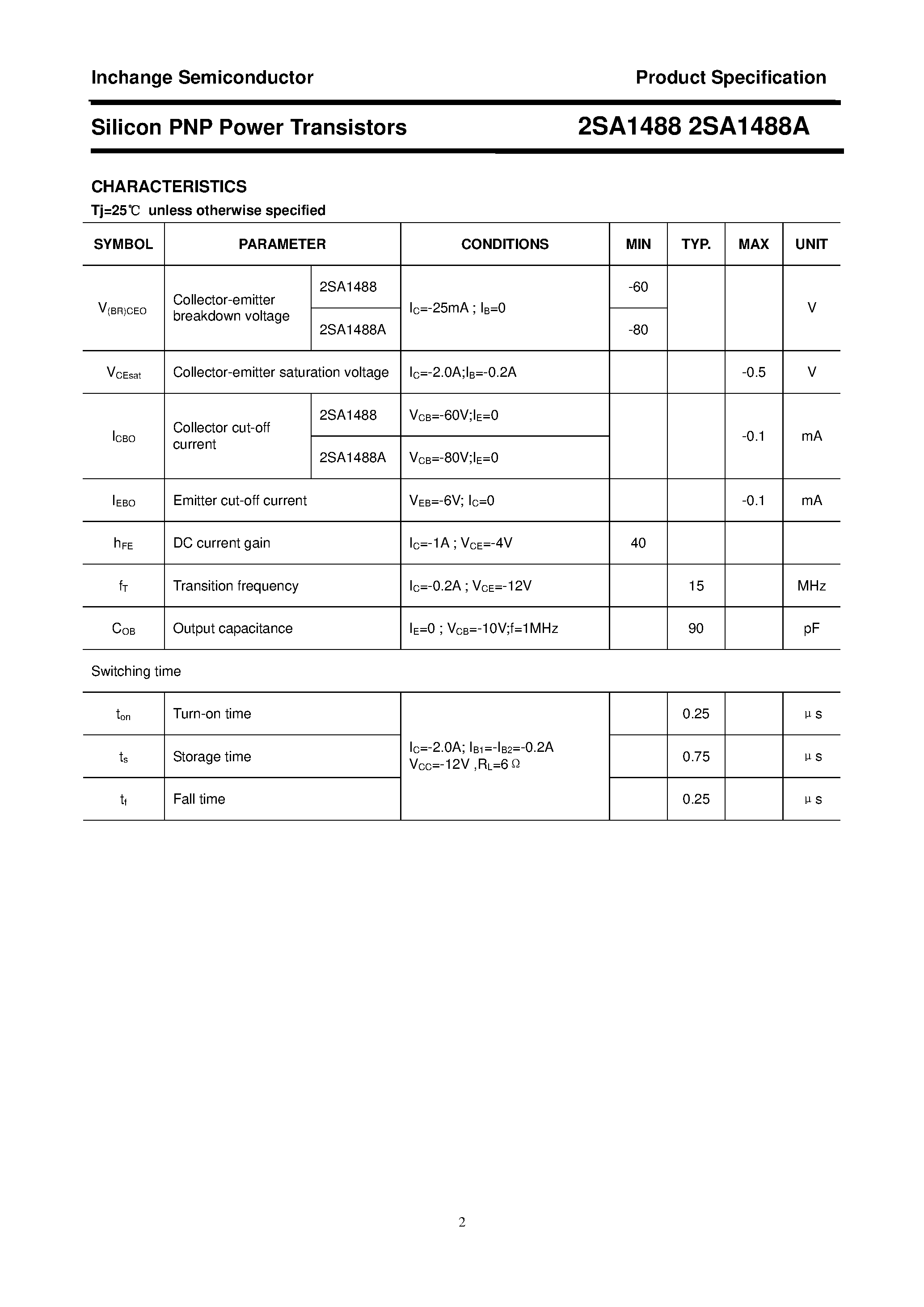 Datasheet 2SA1488 - POWER TRANSISTOR page 2