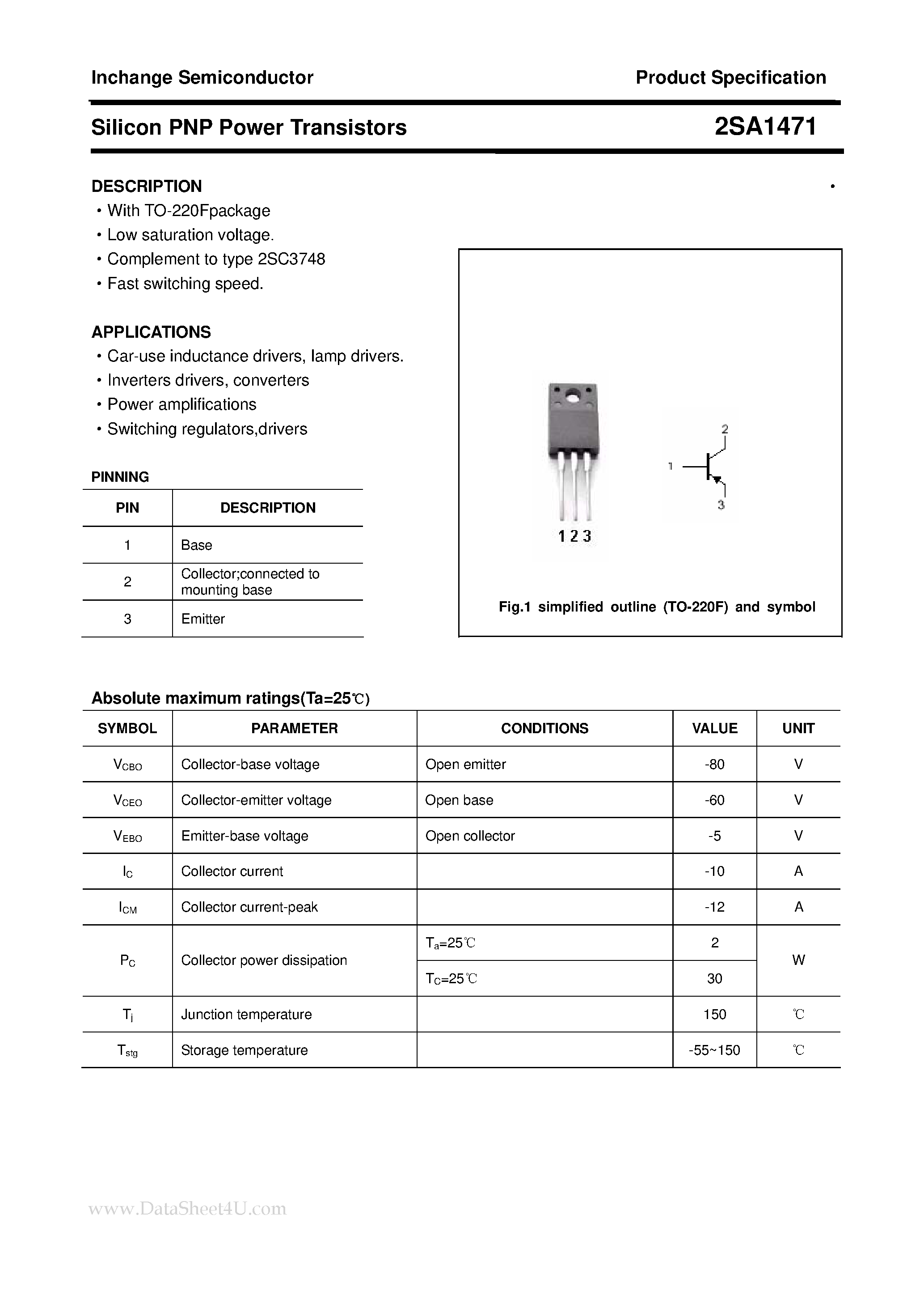 Datasheet 2SA1471 page 1 Datasheet 2SA1471 - POWER TRANSISTOR page 1