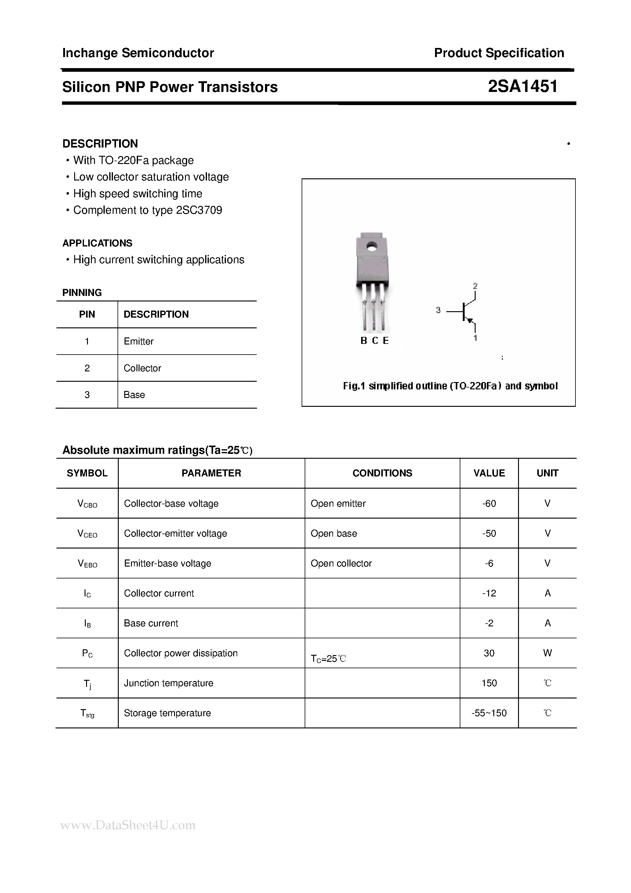 Datasheet 2SA1451 - POWER TRANSISTOR page 1