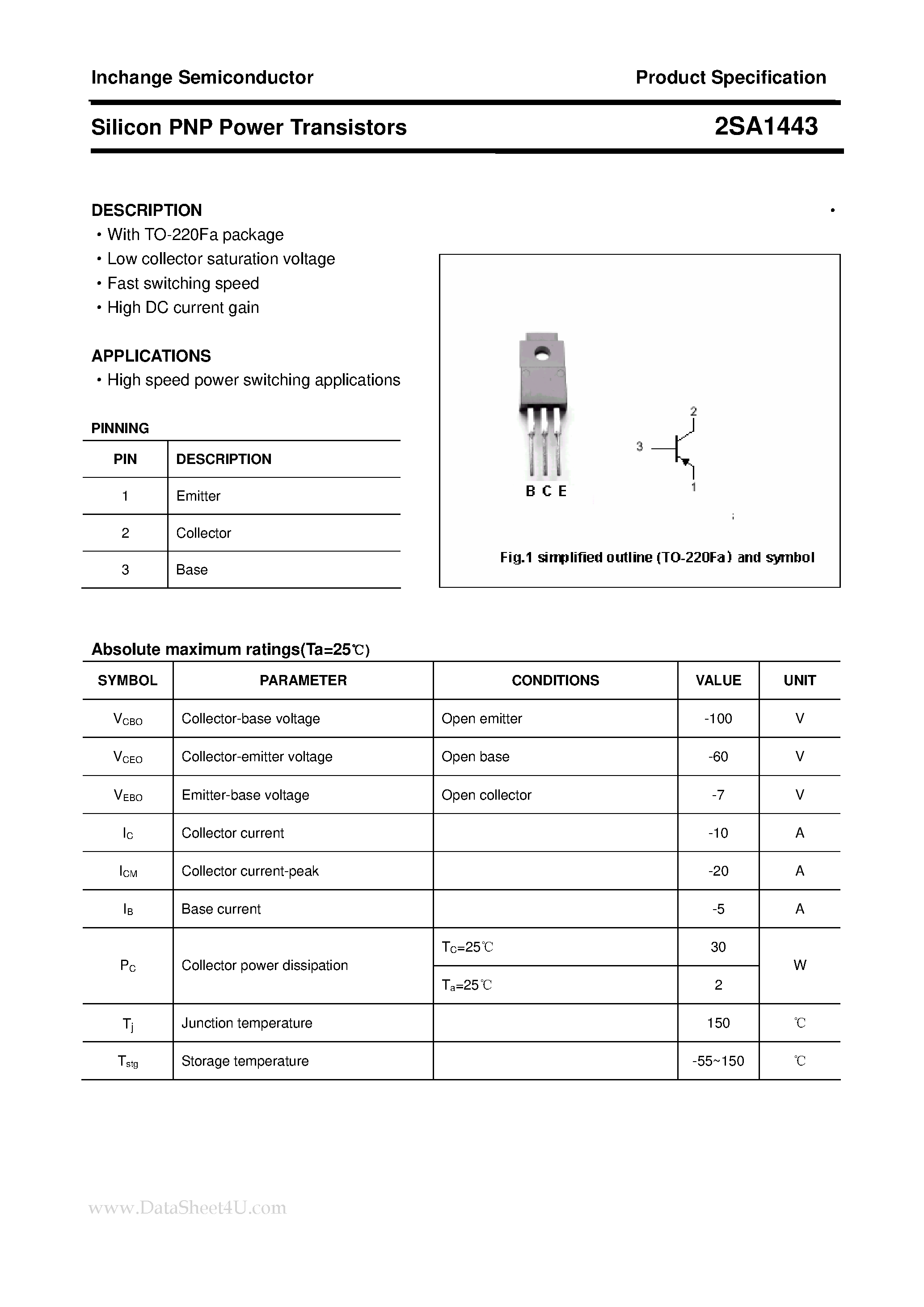 Datasheet 2SA1443 - POWER TRANSISTOR page 1
