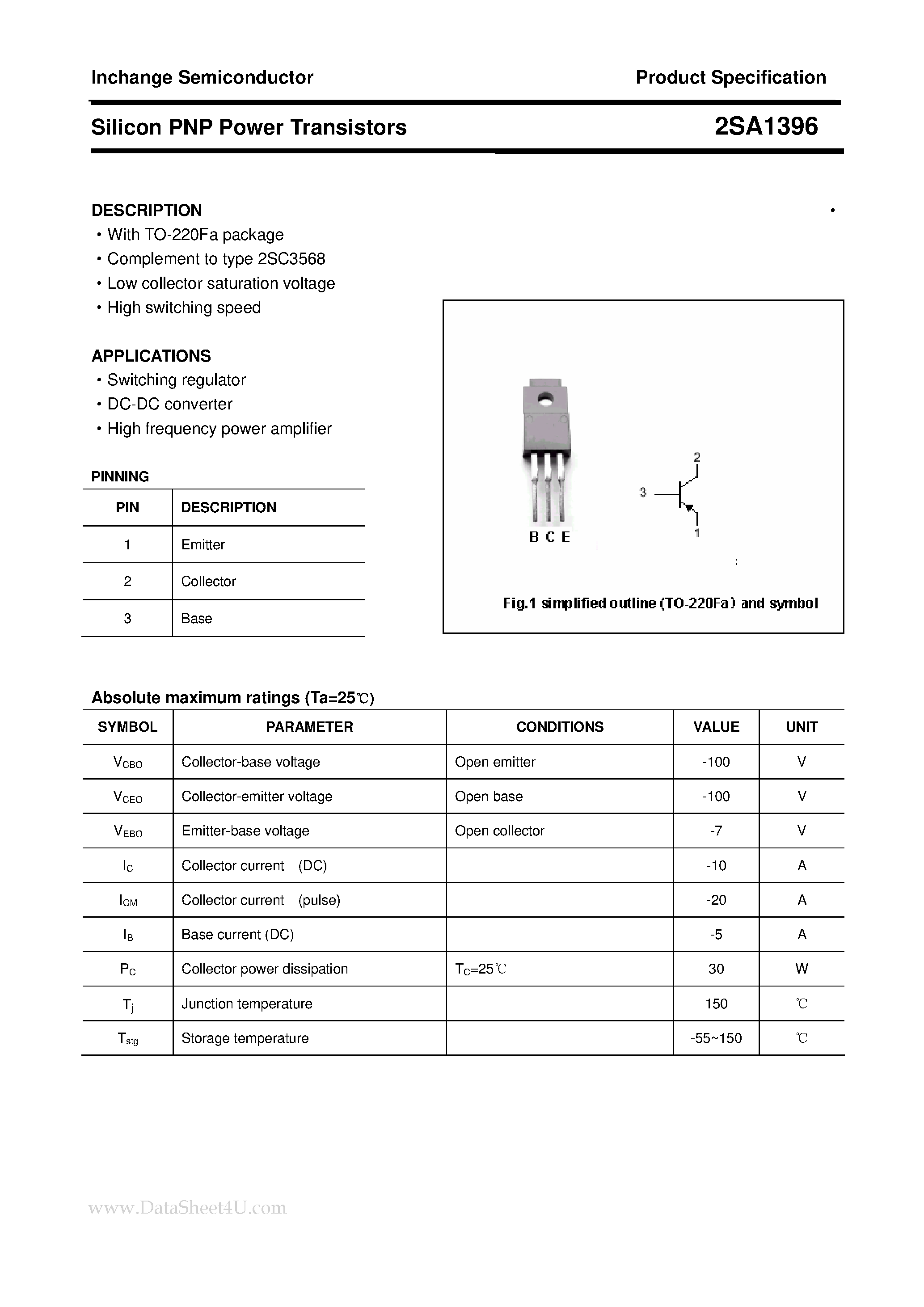 Datasheet 2SA1396 - POWER TRANSISTOR page 1