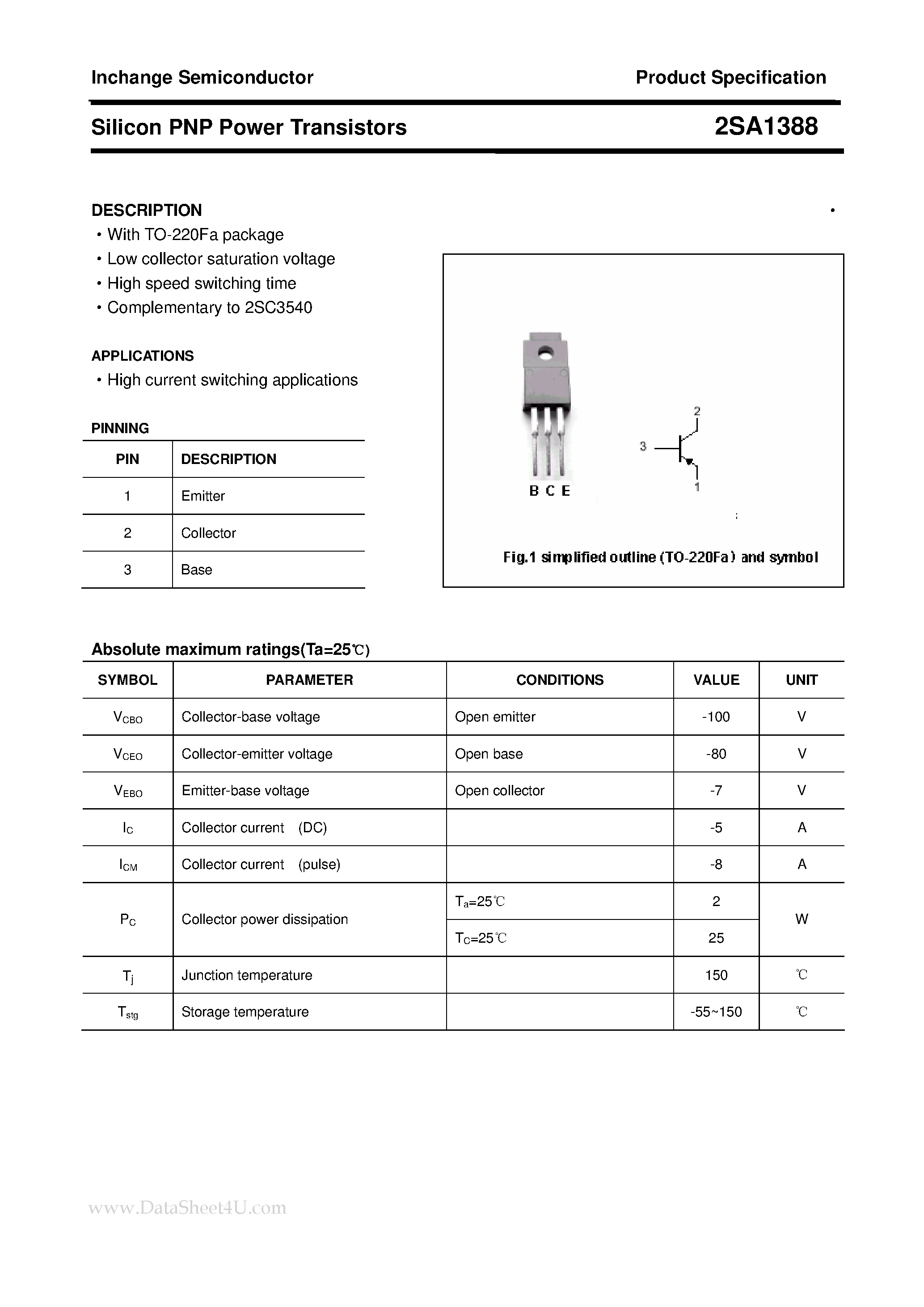 Datasheet 2SA1388 - POWER TRANSISTOR page 1
