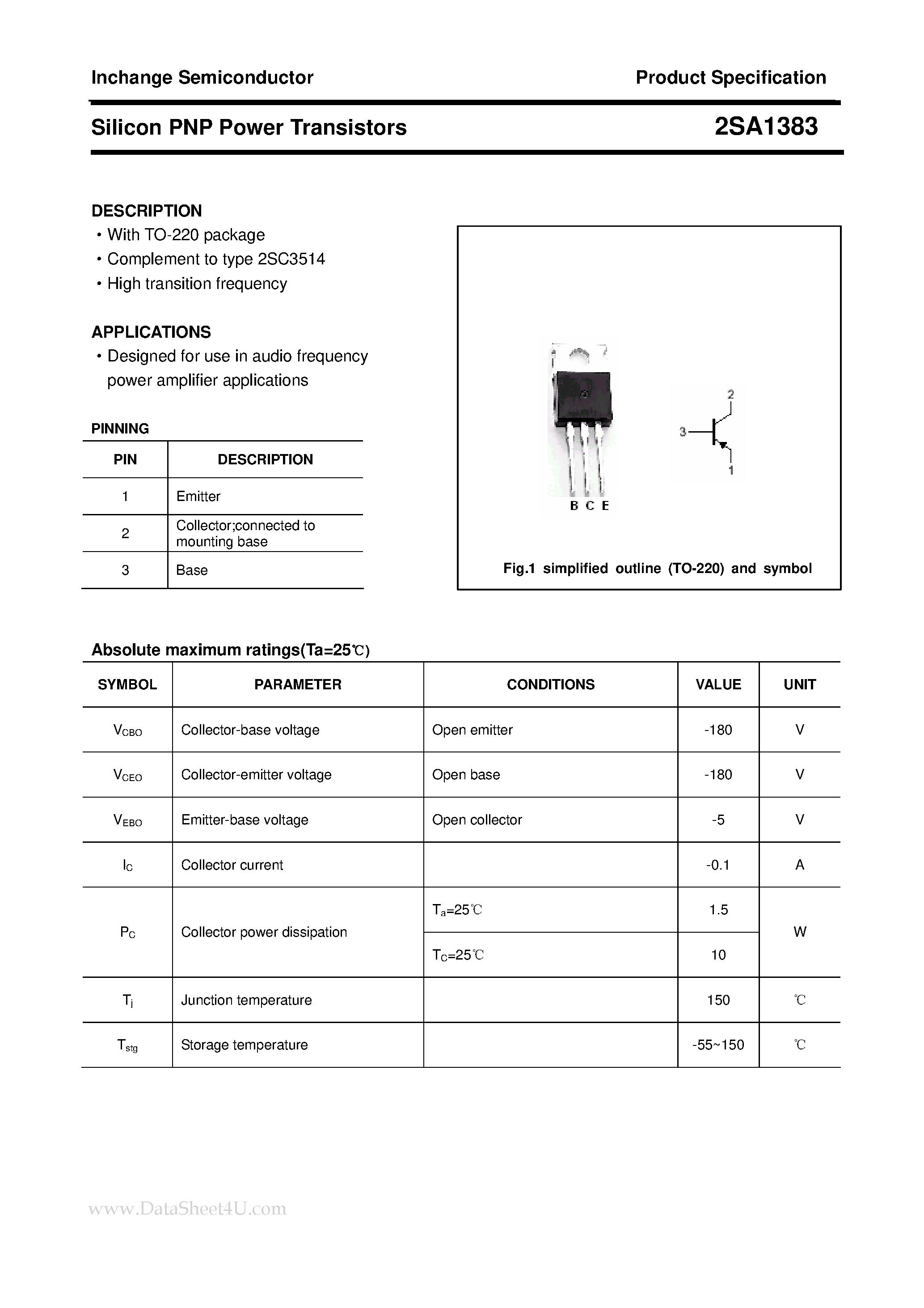 Datasheet 2SA1383 - POWER TRANSISTOR page 1