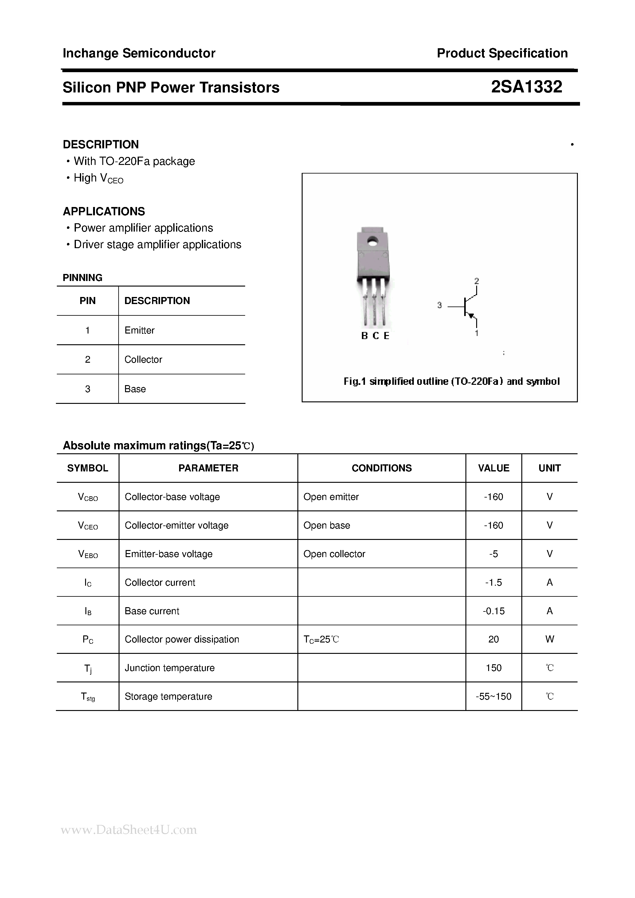 Datasheet 2SA1332 page 1 Datasheet 2SA1332 - POWER TRANSISTOR page 1