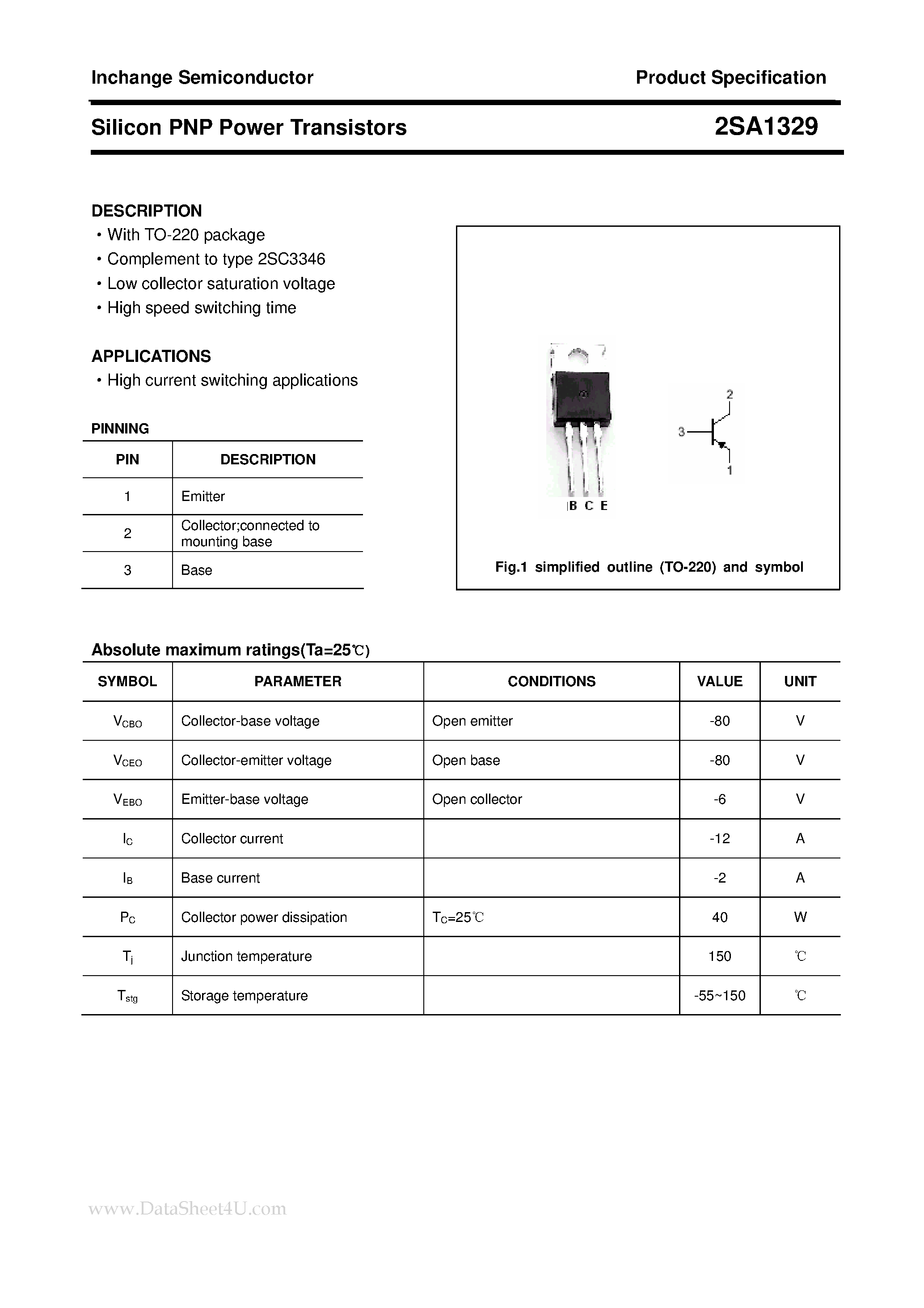 Datasheet 2SA1329 - POWER TRANSISTOR page 1