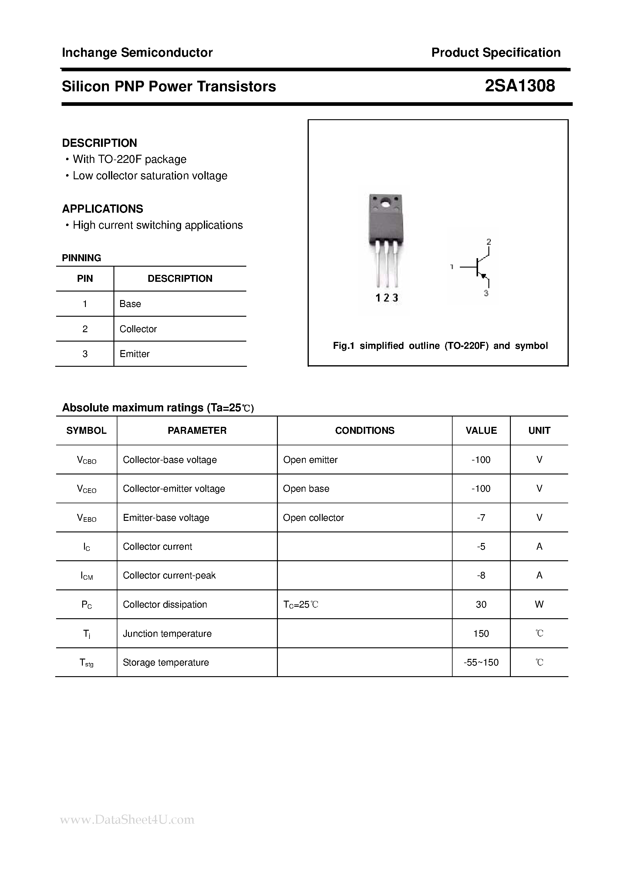 Datasheet 2SA1308 - POWER TRANSISTOR page 1