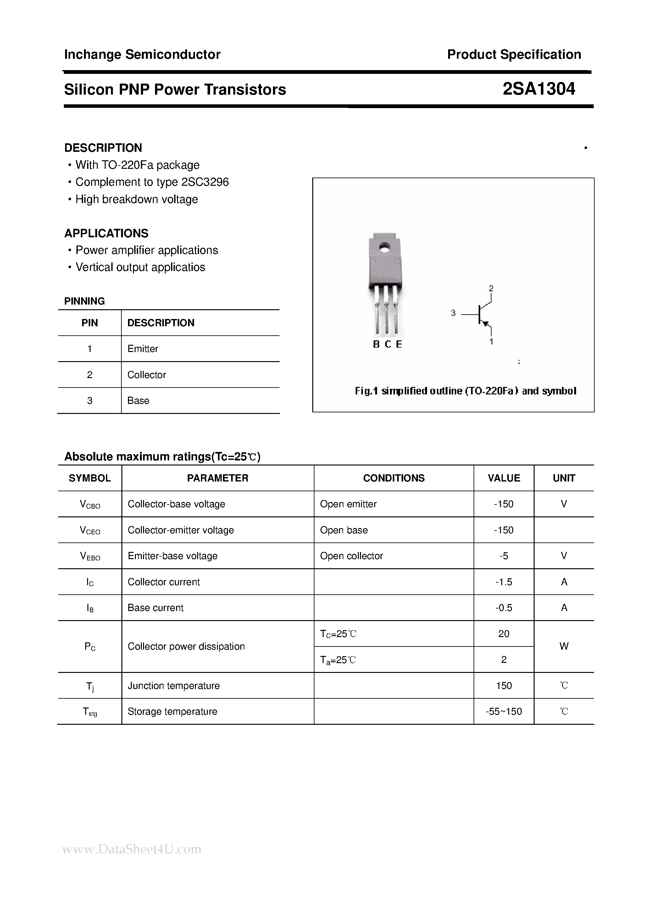 Datasheet 2SA1304 page 1 Datasheet 2SA1304 - POWER TRANSISTOR page 1