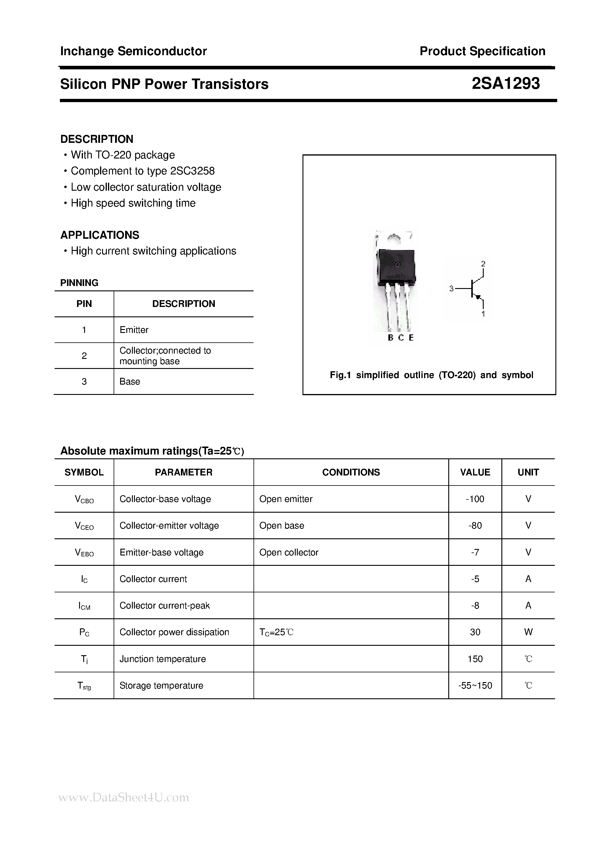 Datasheet 2SA1293 page 1 Datasheet 2SA1293 - POWER TRANSISTOR page 1