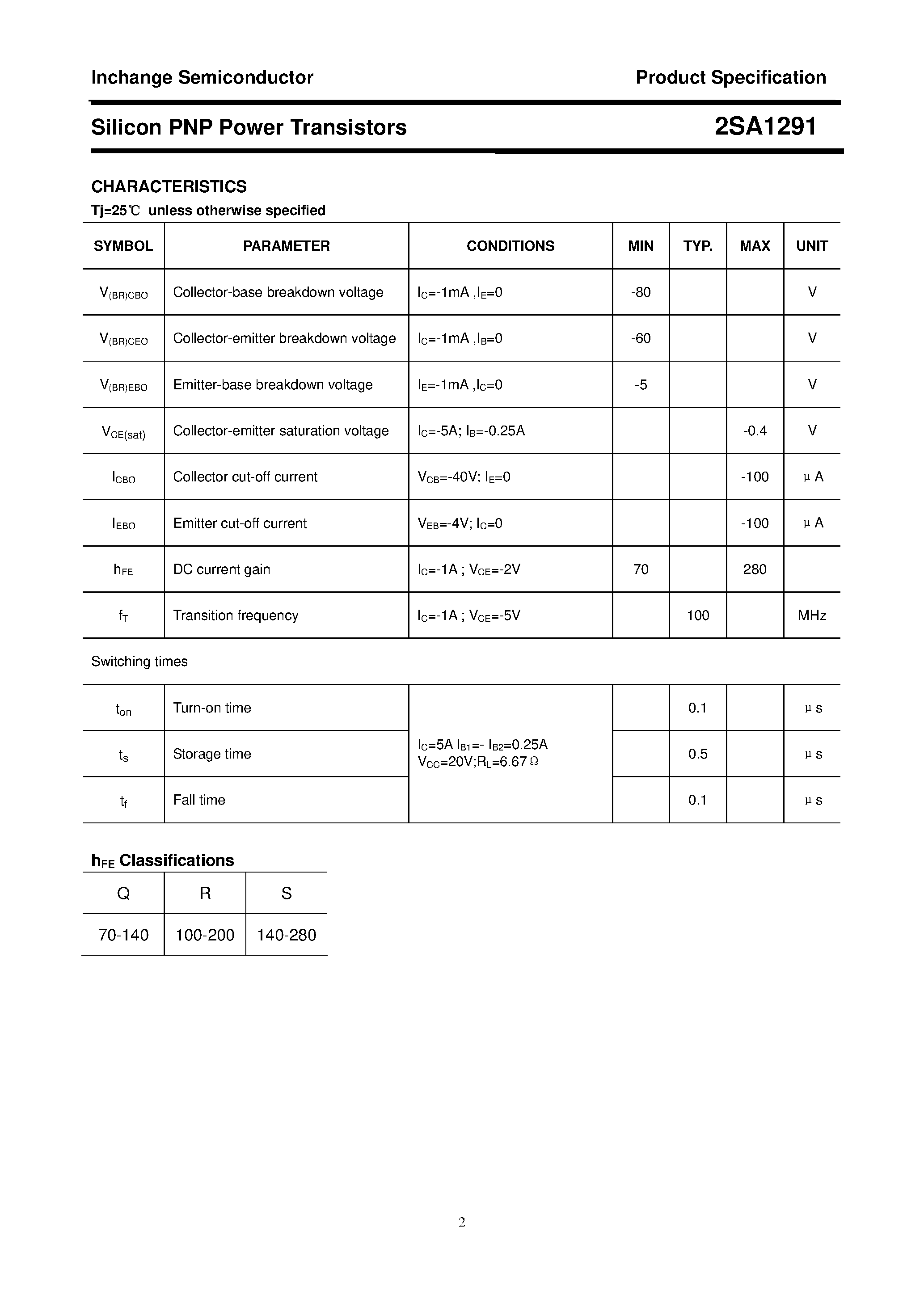 Datasheet 2SA1291 page 2 Datasheet 2SA1291 - POWER TRANSISTOR page 2