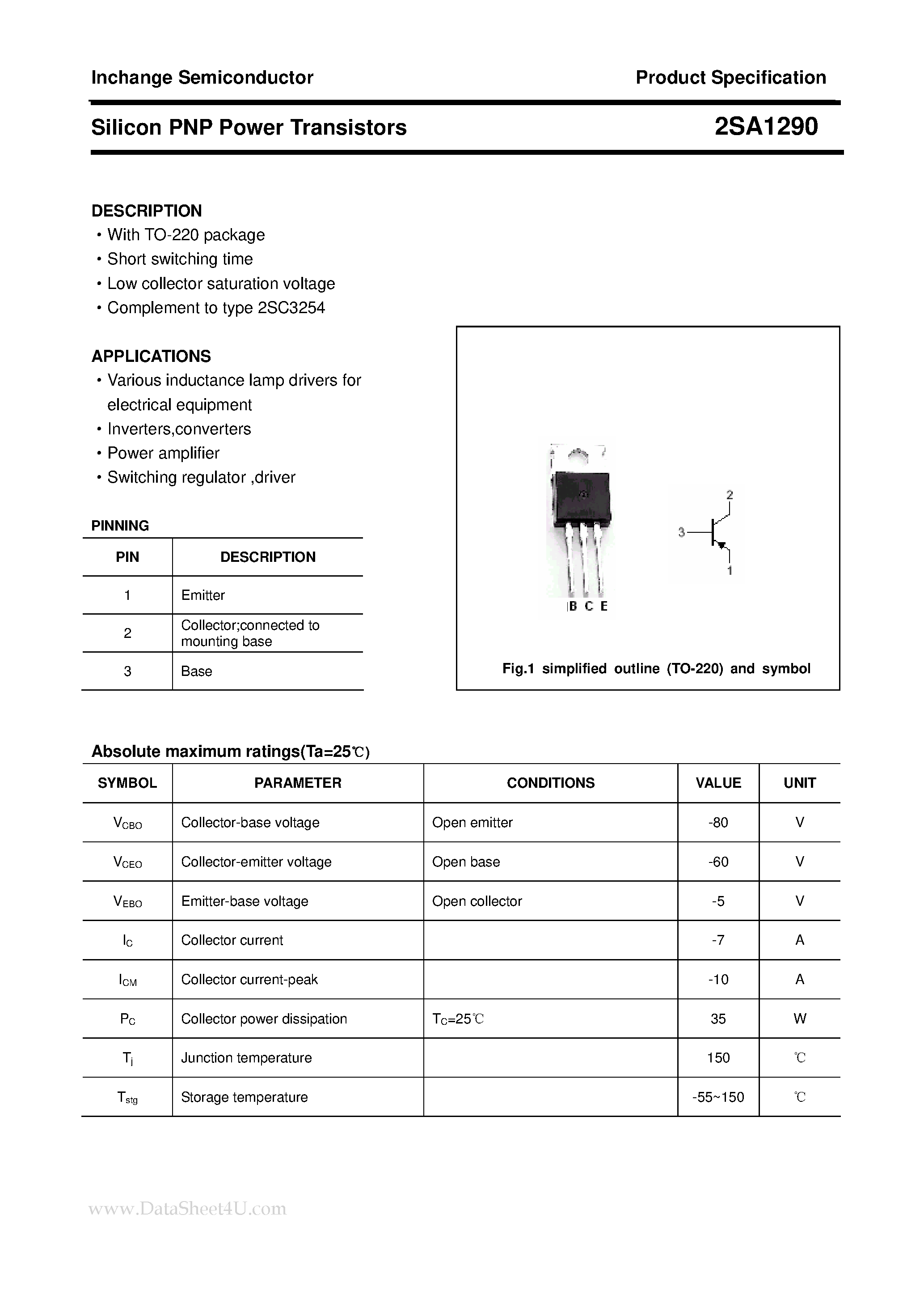 Datasheet 2SA1290 - POWER TRANSISTOR page 1