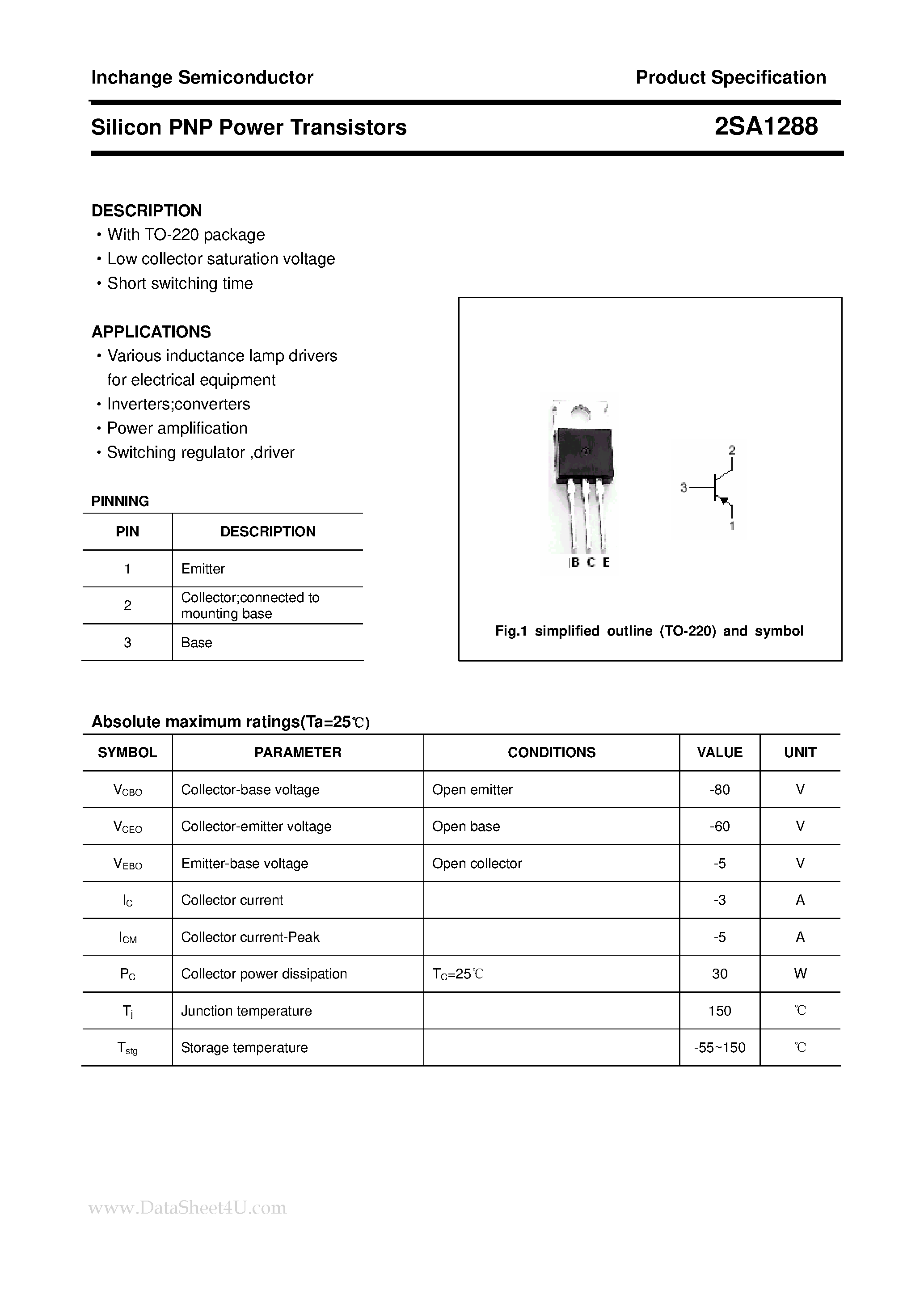 Datasheet 2SA1288 - POWER TRANSISTOR page 1