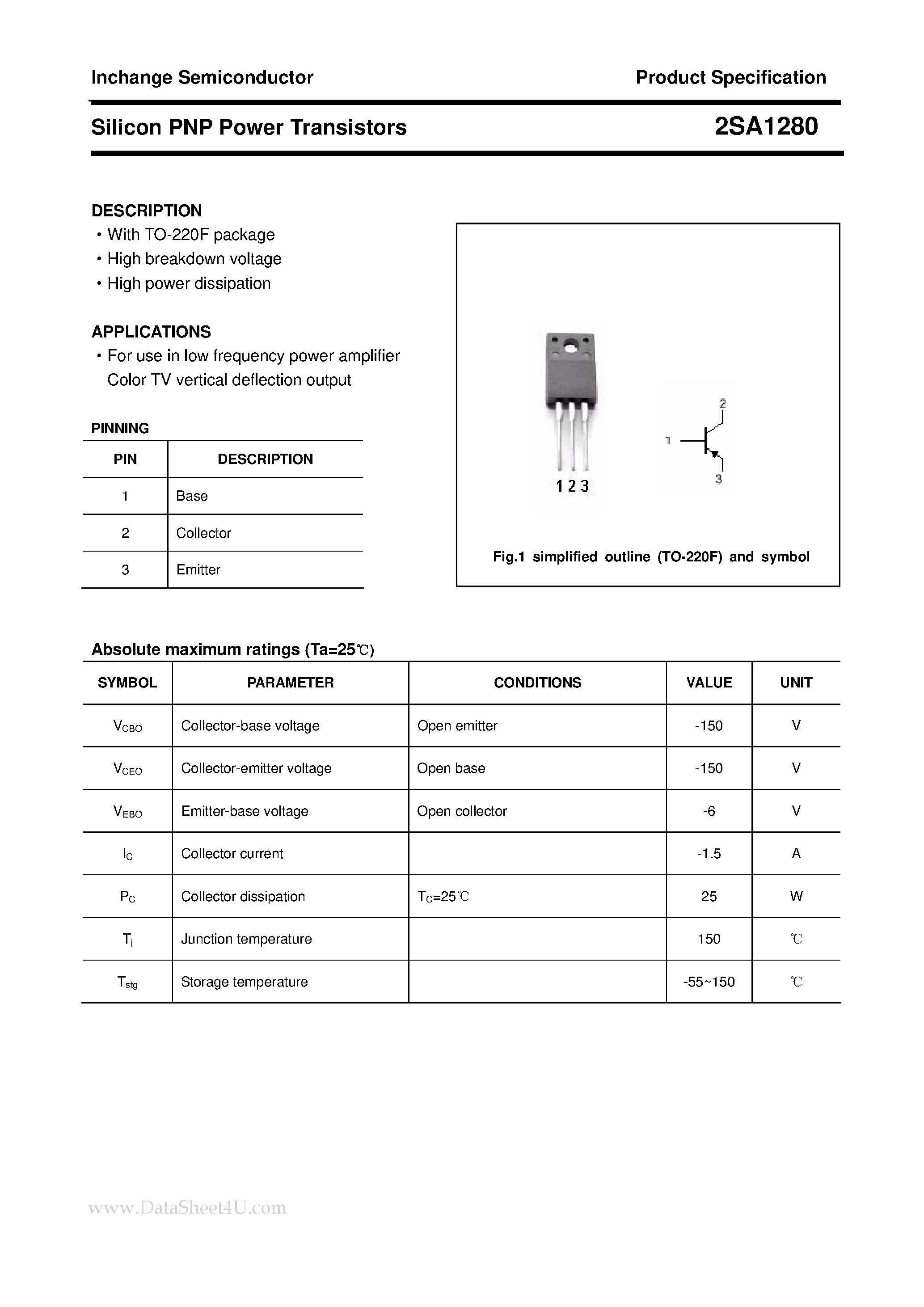 Datasheet 2SA1280 - POWER TRANSISTOR page 1