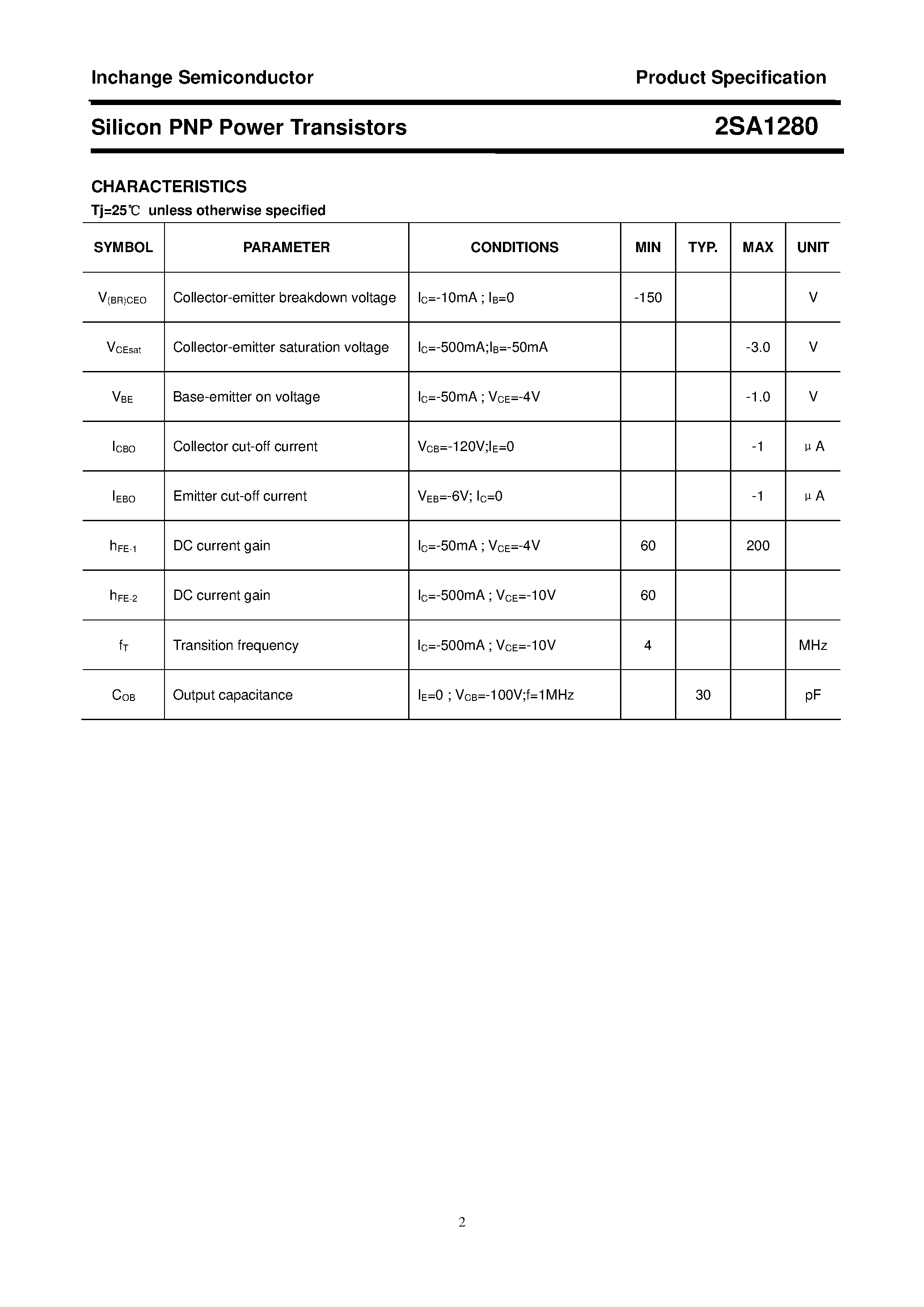 Datasheet 2SA1280 - POWER TRANSISTOR page 2