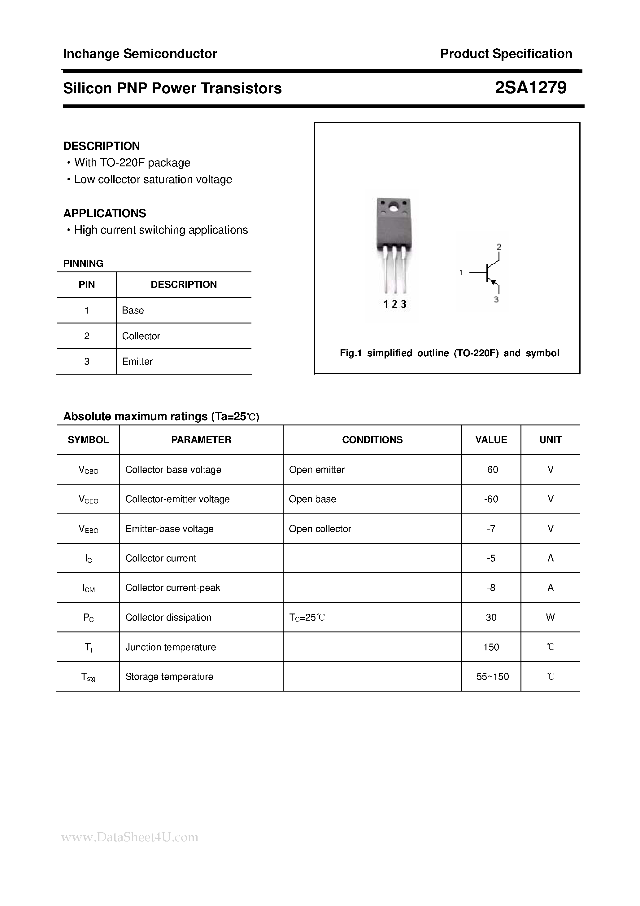 Datasheet 2SA1279 - POWER TRANSISTOR page 1