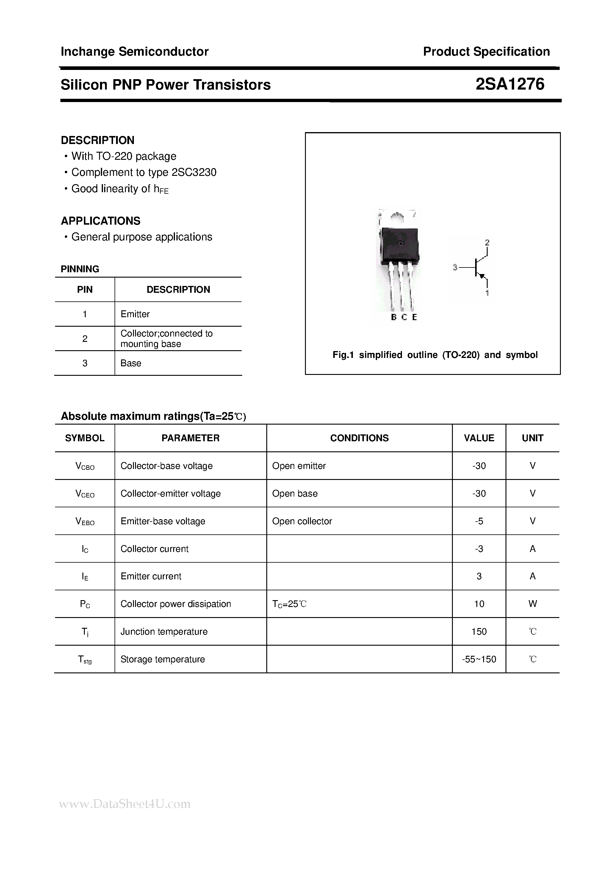 Даташит на микросхему 2SA1276 страница 1 Даташит 2SA1276 - POWER TRANSISTOR страница 1