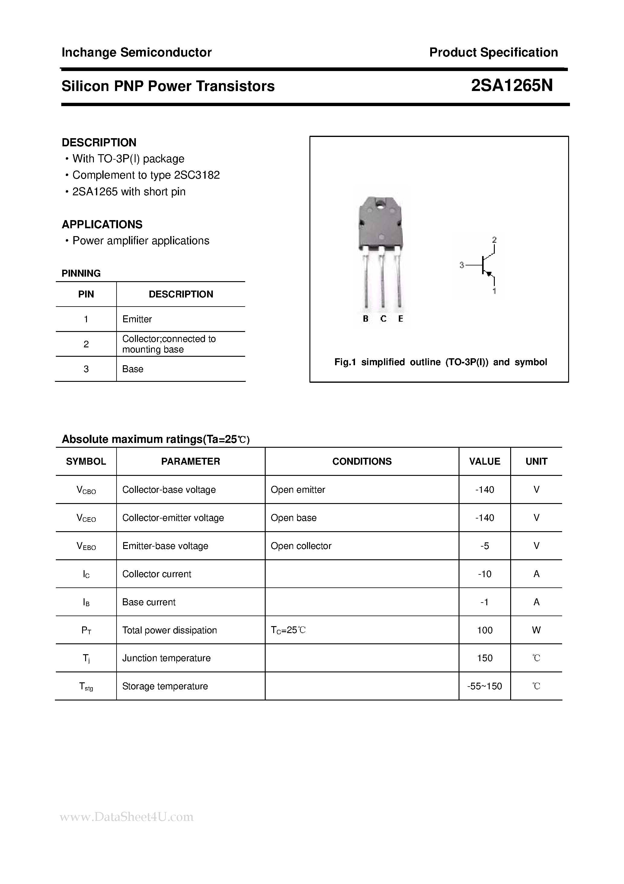Datasheet 2SA1265N page 1 Datasheet 2SA1265N - POWER TRANSISTOR page 1