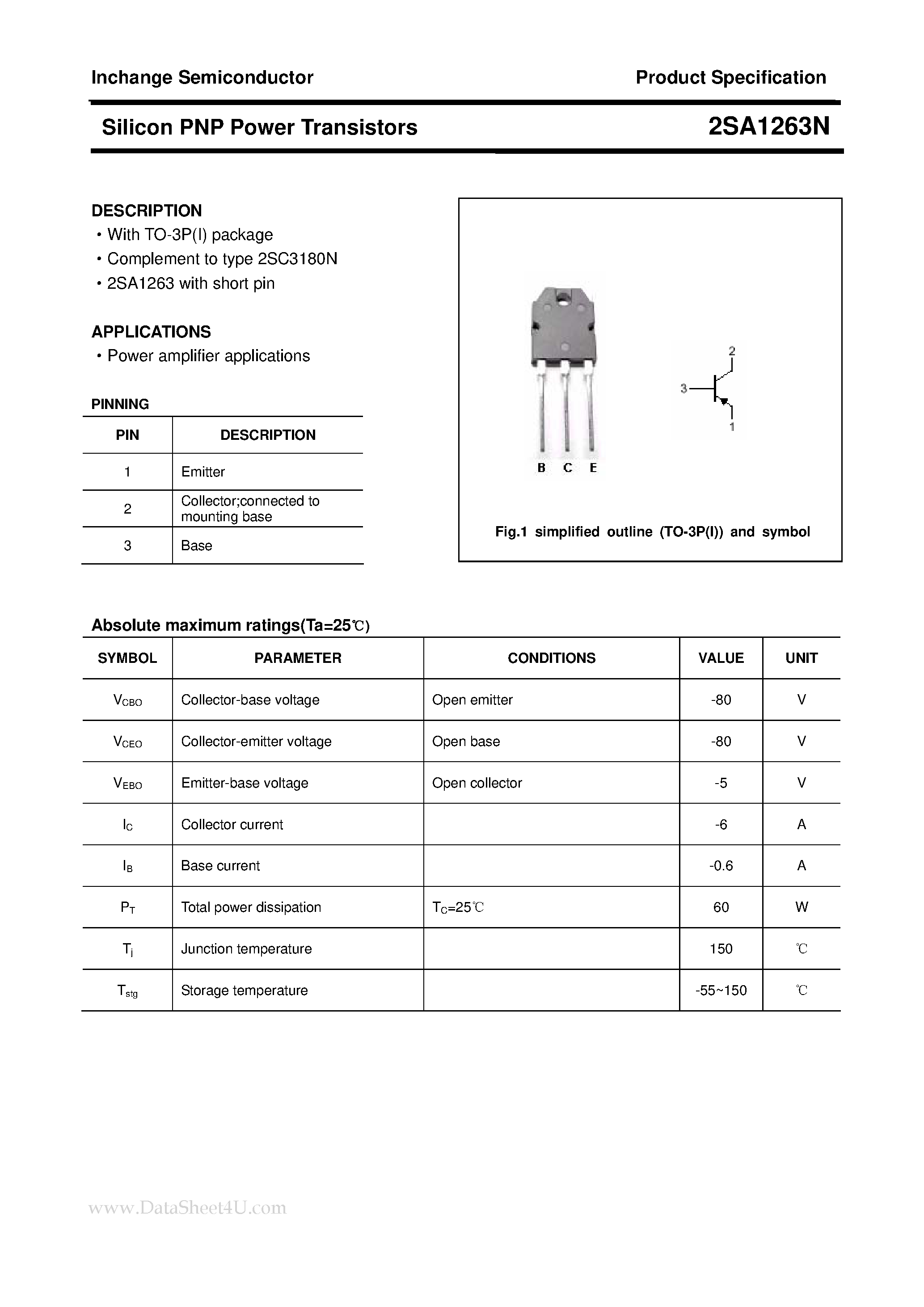 Datasheet 2SA1263N page 1 Datasheet 2SA1263N - POWER TRANSISTOR page 1